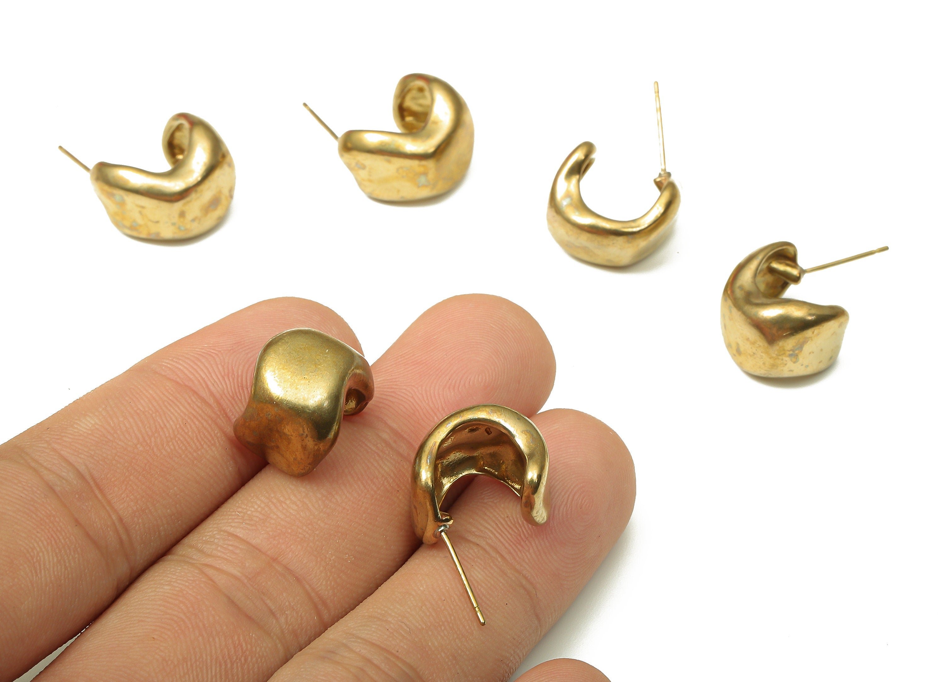 Brass Earring Studs - Raw Brass C Earrings Post - Open Thick Hoop Stud - 925 Silver Stud - 14.67x12.8x3.78mm - PP7892 - DOMEDBAZAAR