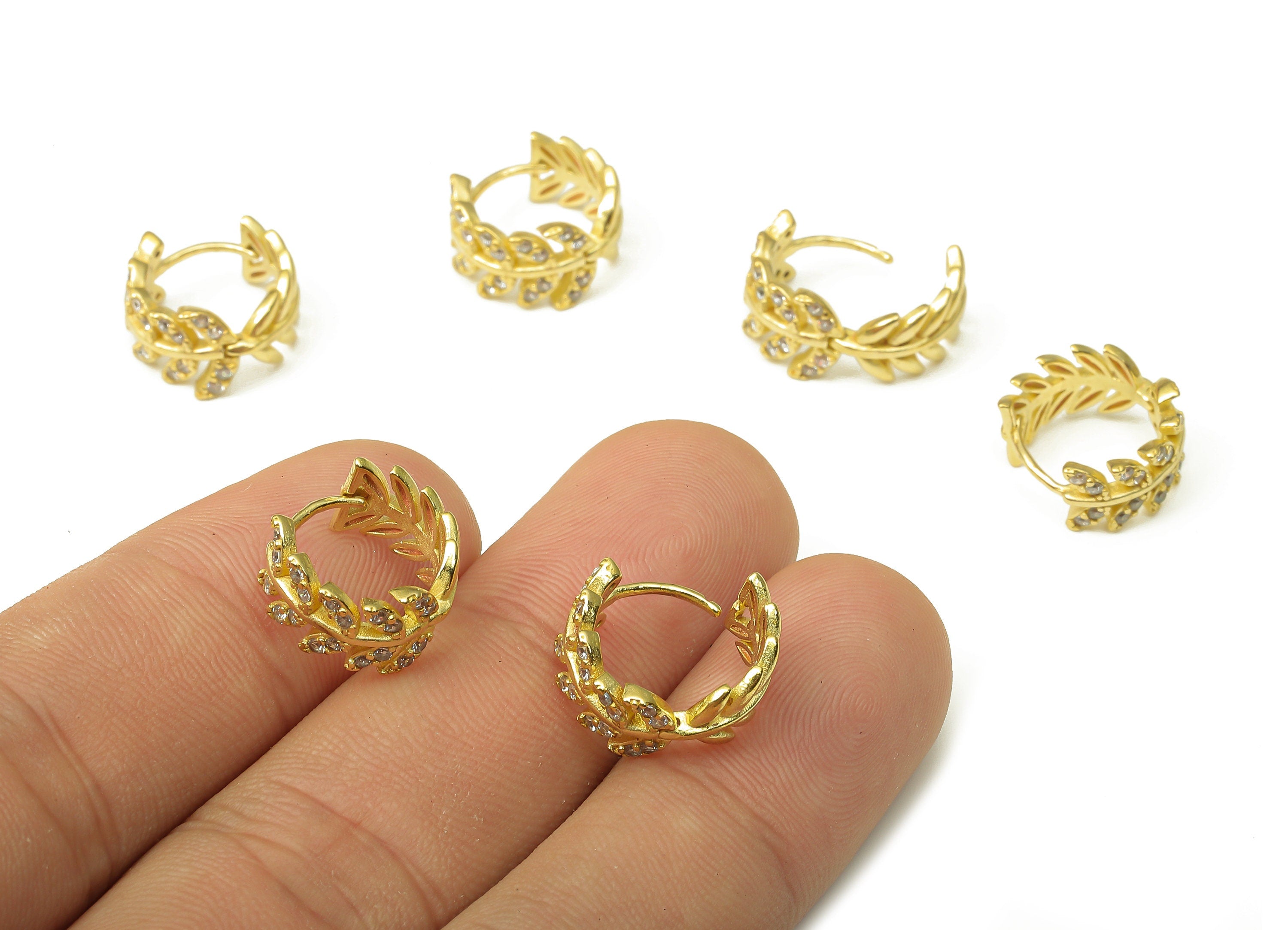 Brass Leaf Earring Clasp - Brass Tiny Branch Leaf Hoop Earring With Zircon - Designer Hoop Earrings - 13.14x12.5x1.75mm - PP7902 - DOMEDBAZAAR