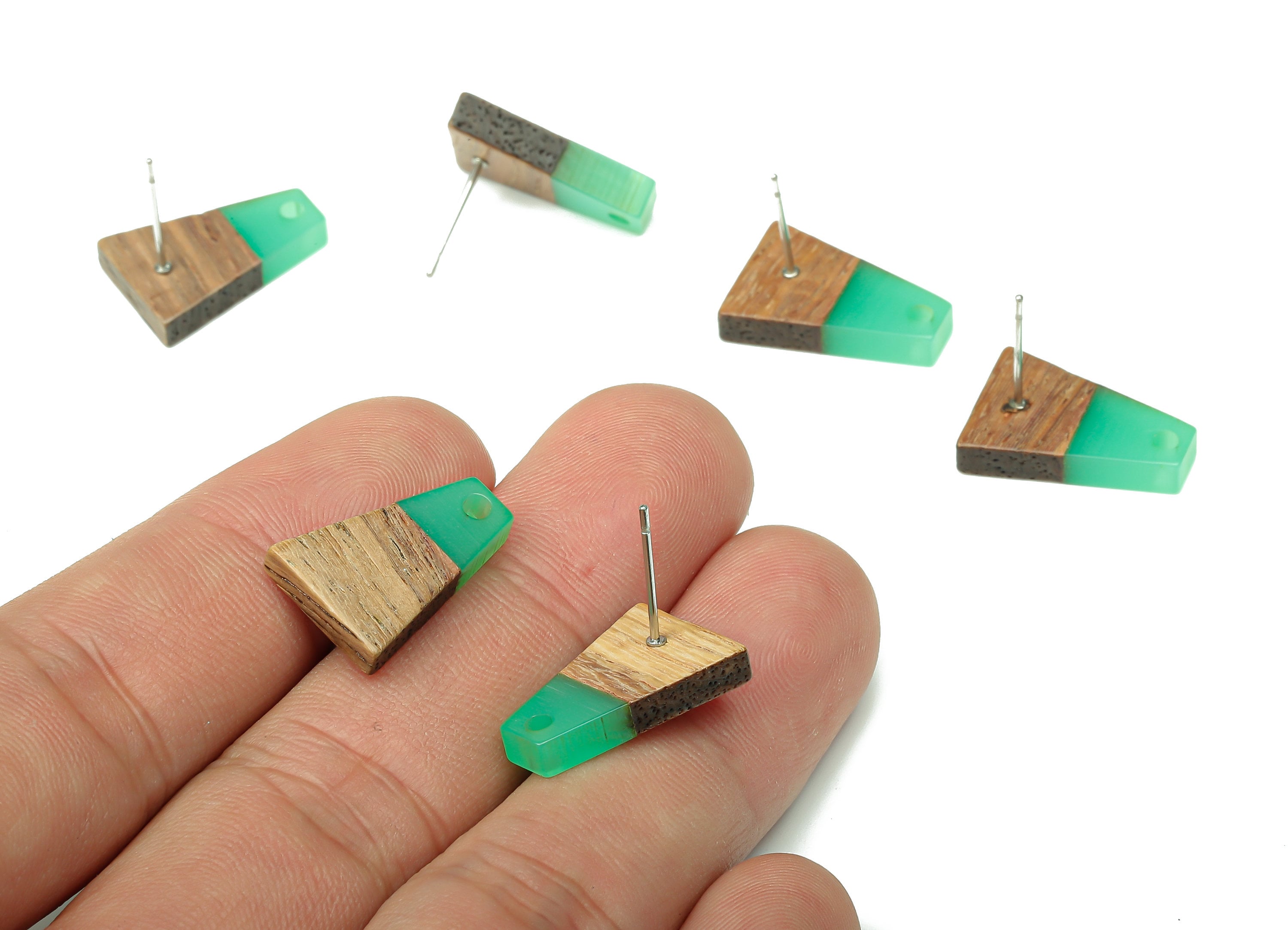 Natural Wooden Trapezoid Earring Stud - Walnut Wood Light Green Resin Earring Post - 316 Stainless Steel Stud - 17.86x12.37x2.5mm - BB1260N - DOMEDBAZAAR