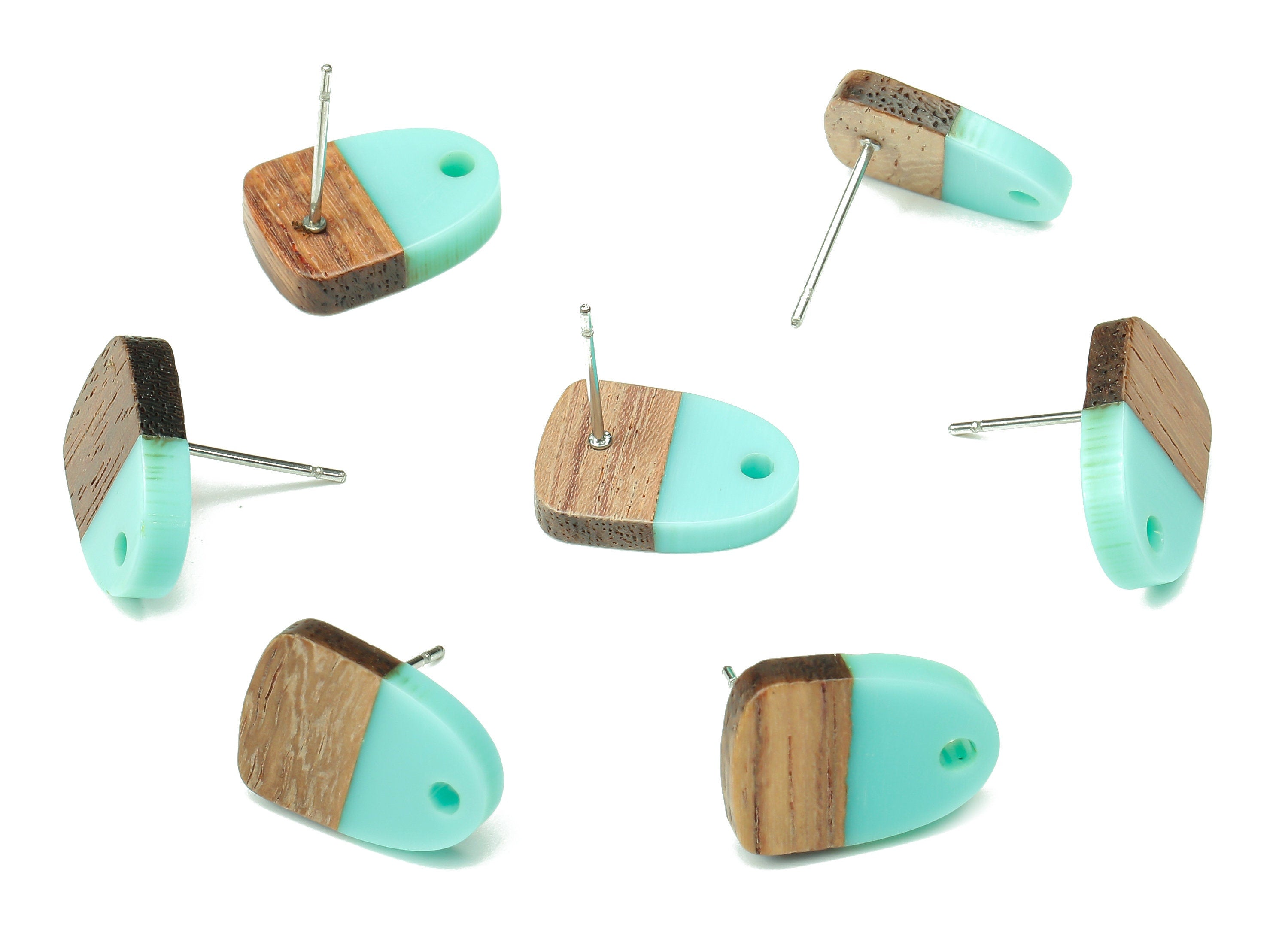 Natural Wooden Domed Earring Stud - Walnut Wood Aqua Resin Drop Earring Post - 316 Stainless Steel Stud - 15.18x11.01x3.18mm - BB1261B - DOMEDBAZAAR