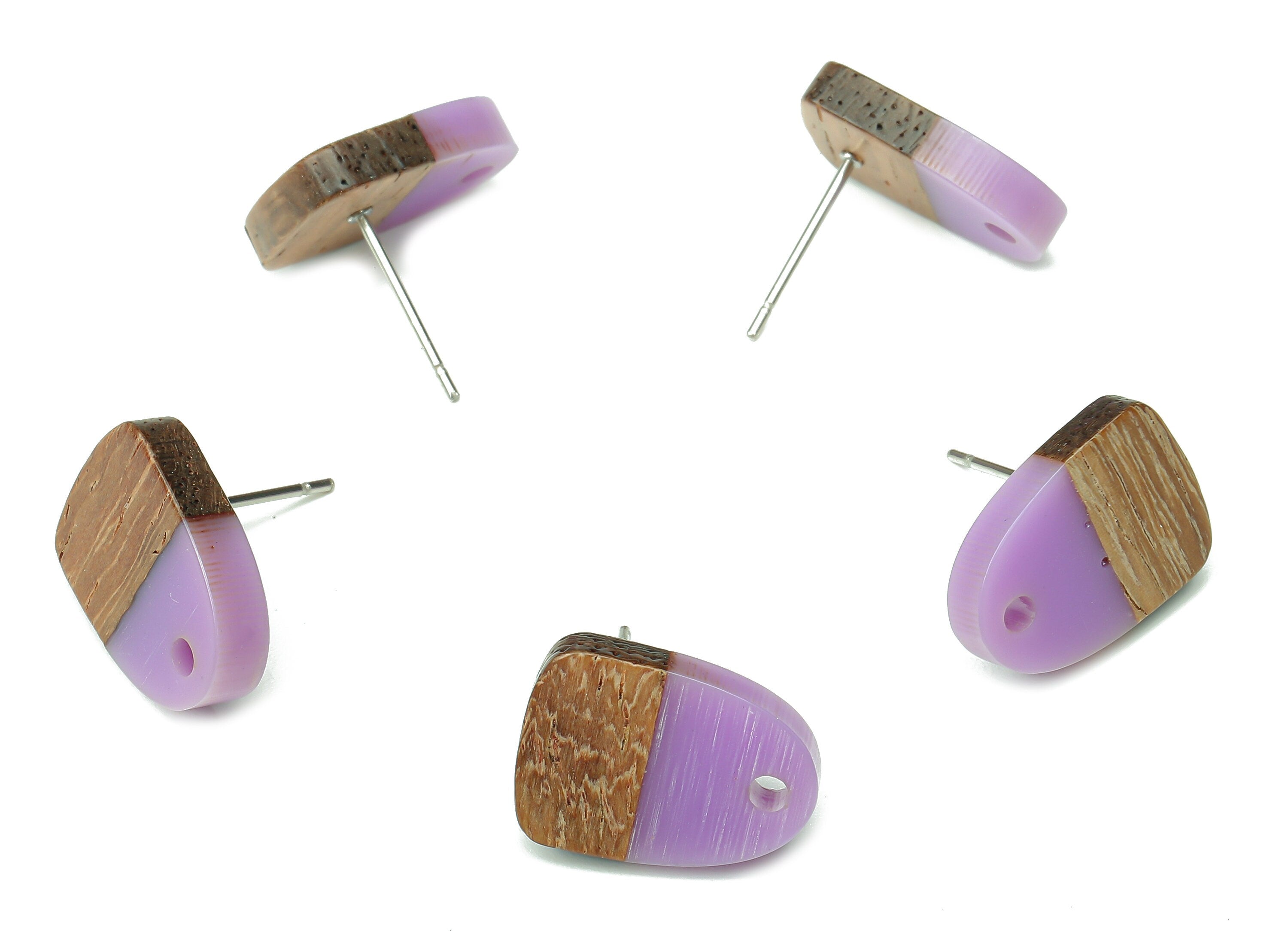 Natural Wooden Domed Earring Stud - Walnut Wood Purple Resin Drop Earring Post - 316 Stainless Steel Stud - 15.18x11.01x3.18mm - BB1261C - DOMEDBAZAAR