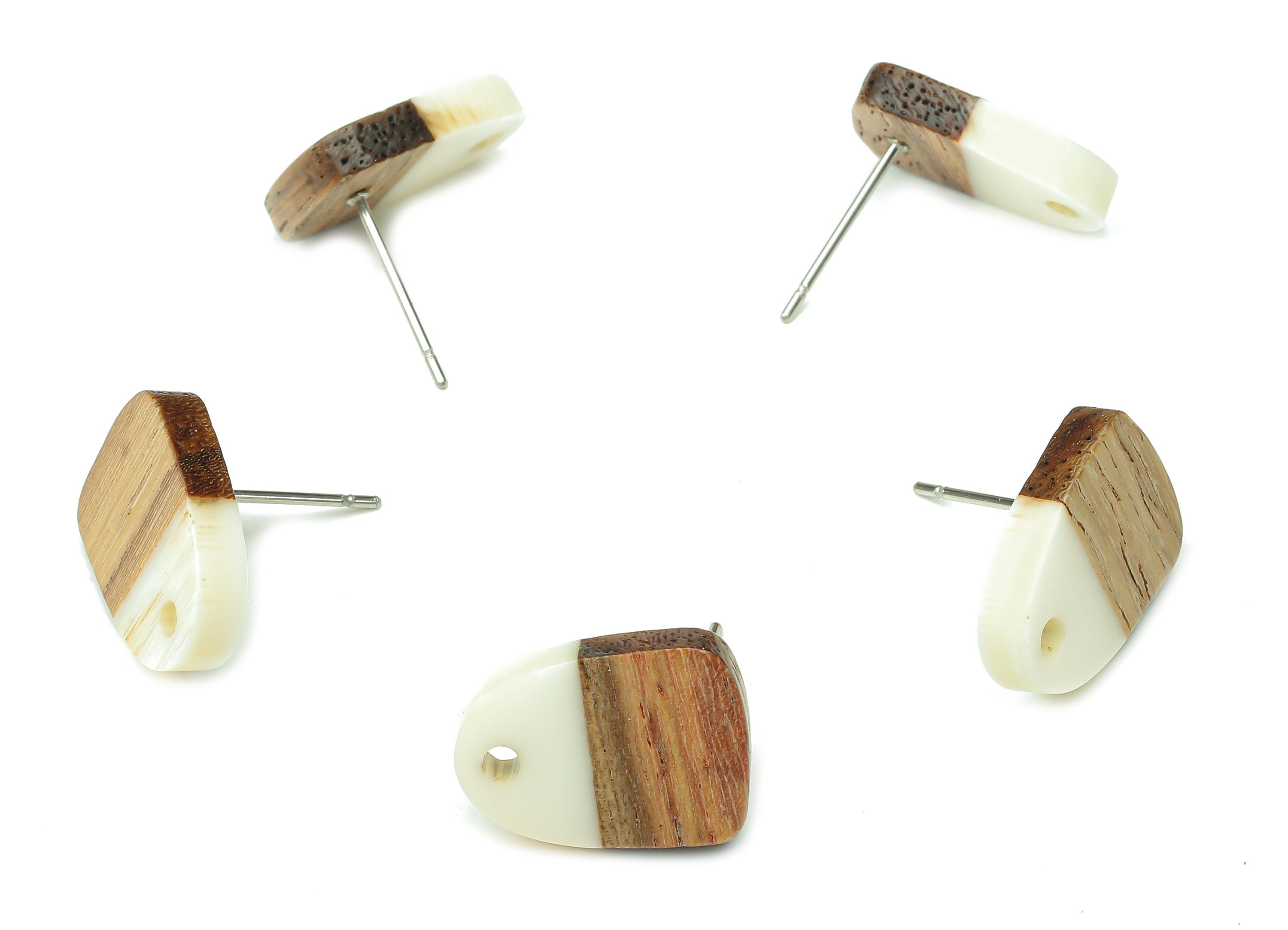 Natural Wooden Domed Earring Stud - Walnut Wood White Resin Drop Earring Post - 316 Stainless Steel Stud - 15.18x11.01x3.18mm - BB1261D - DOMEDBAZAAR