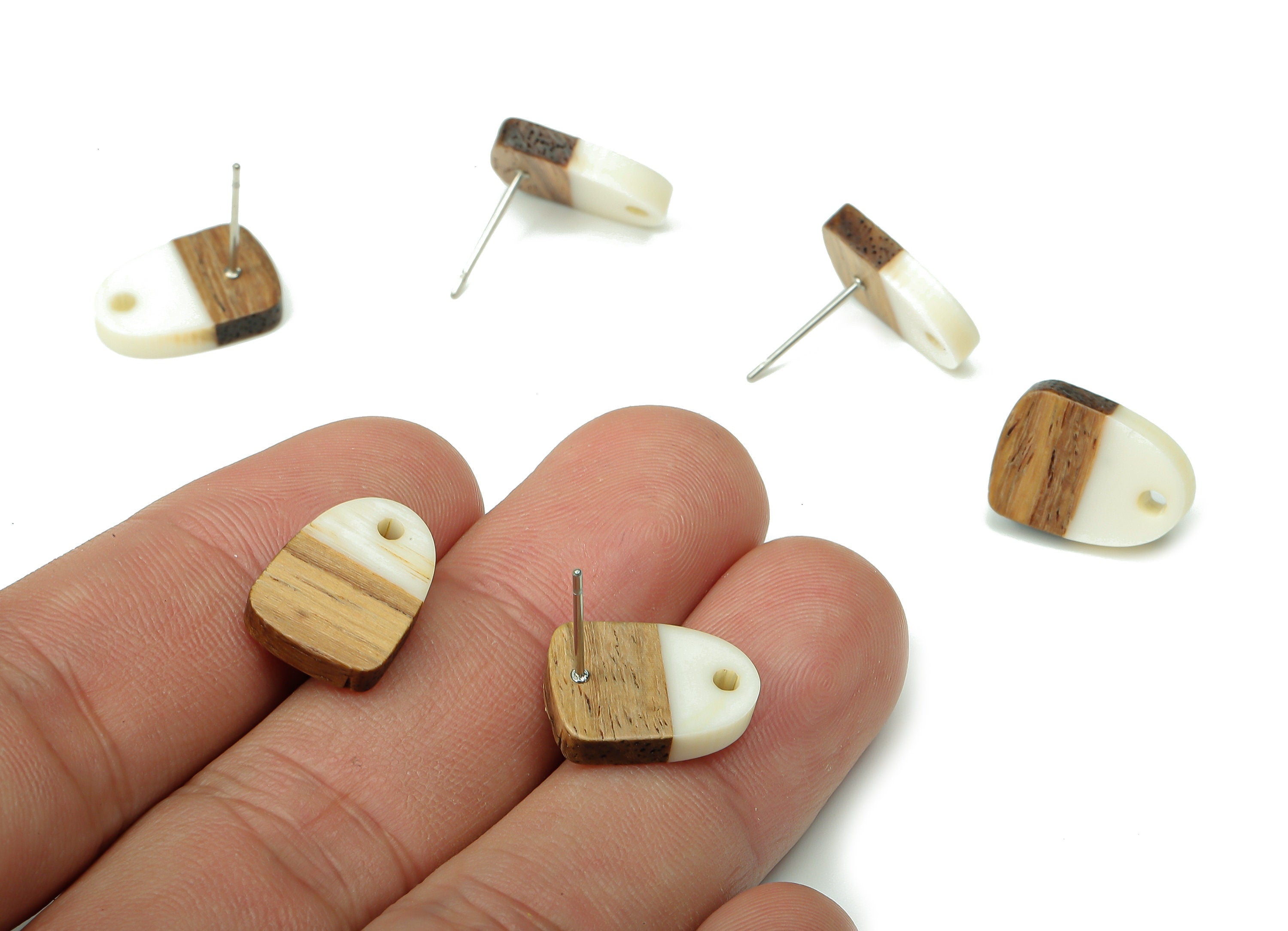 Natural Wooden Domed Earring Stud - Walnut Wood White Resin Drop Earring Post - 316 Stainless Steel Stud - 15.18x11.01x3.18mm - BB1261D - DOMEDBAZAAR