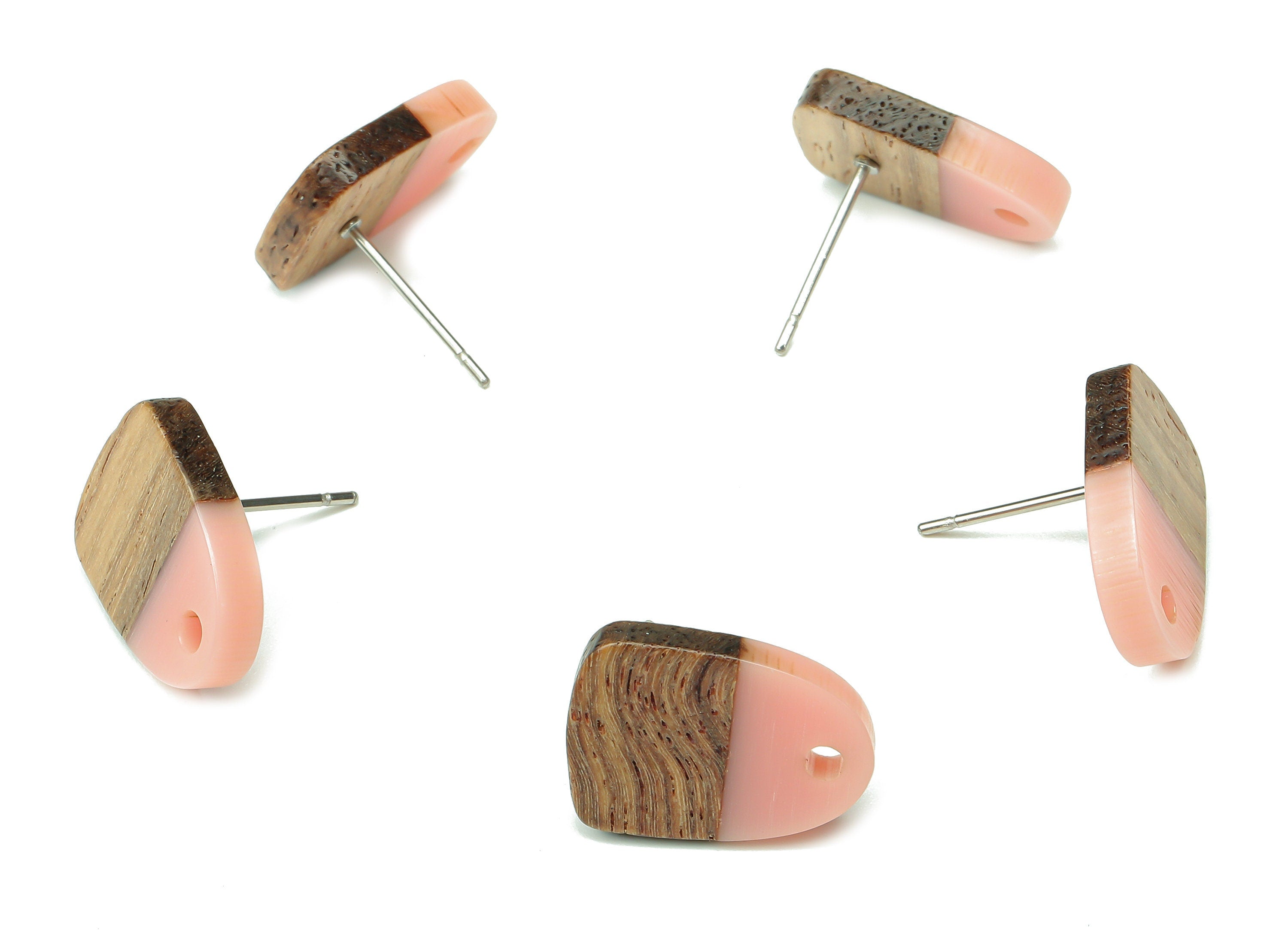 Natural Wooden Domed Earring Stud - Walnut Wood Pink Resin Drop Earring Post - 316 Stainless Steel Stud - 15.18x11.01x3.18mm - BB1261G - DOMEDBAZAAR