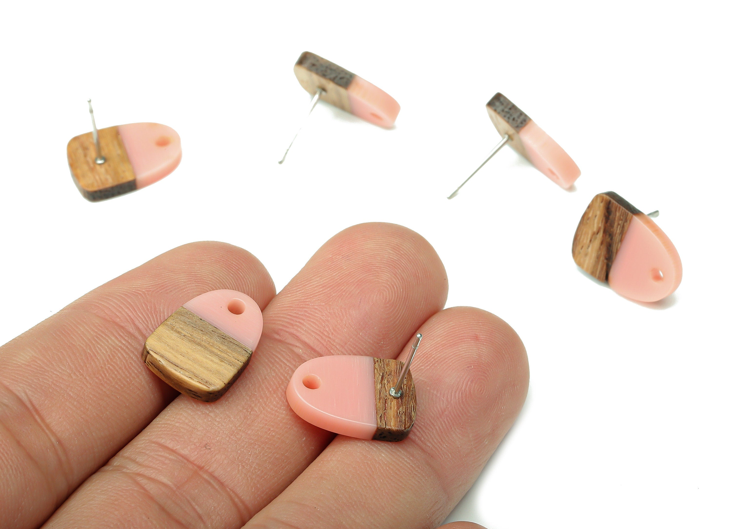 Natural Wooden Domed Earring Stud - Walnut Wood Pink Resin Drop Earring Post - 316 Stainless Steel Stud - 15.18x11.01x3.18mm - BB1261G - DOMEDBAZAAR