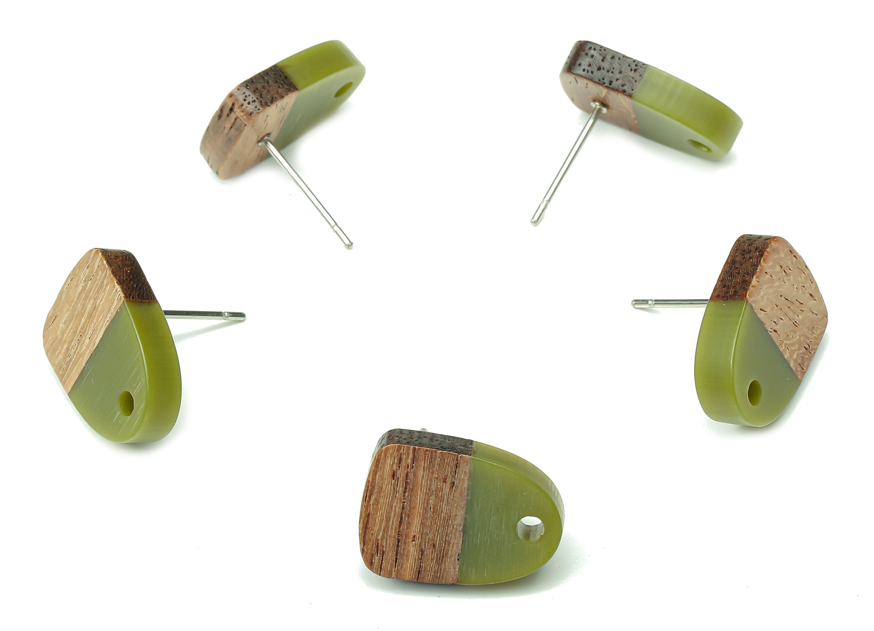 Natural Wooden Domed Earring Stud - Walnut Wood Dark Green Resin Drop Earring Post - 316 Stainless Steel Stud - 15.18x11.01x3.18mm - BB1261H - DOMEDBAZAAR