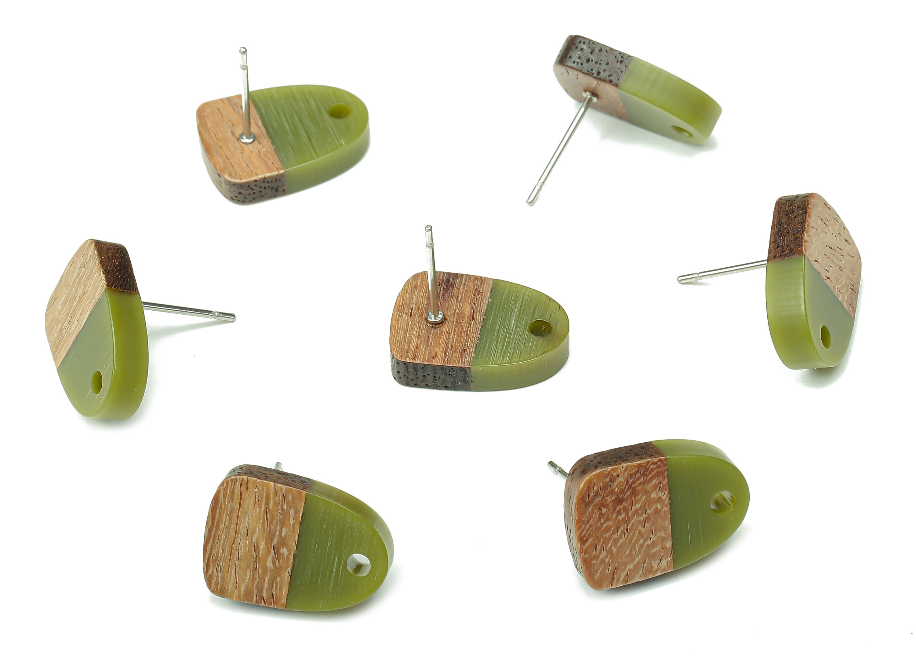 Natural Wooden Domed Earring Stud - Walnut Wood Dark Green Resin Drop Earring Post - 316 Stainless Steel Stud - 15.18x11.01x3.18mm - BB1261H - DOMEDBAZAAR