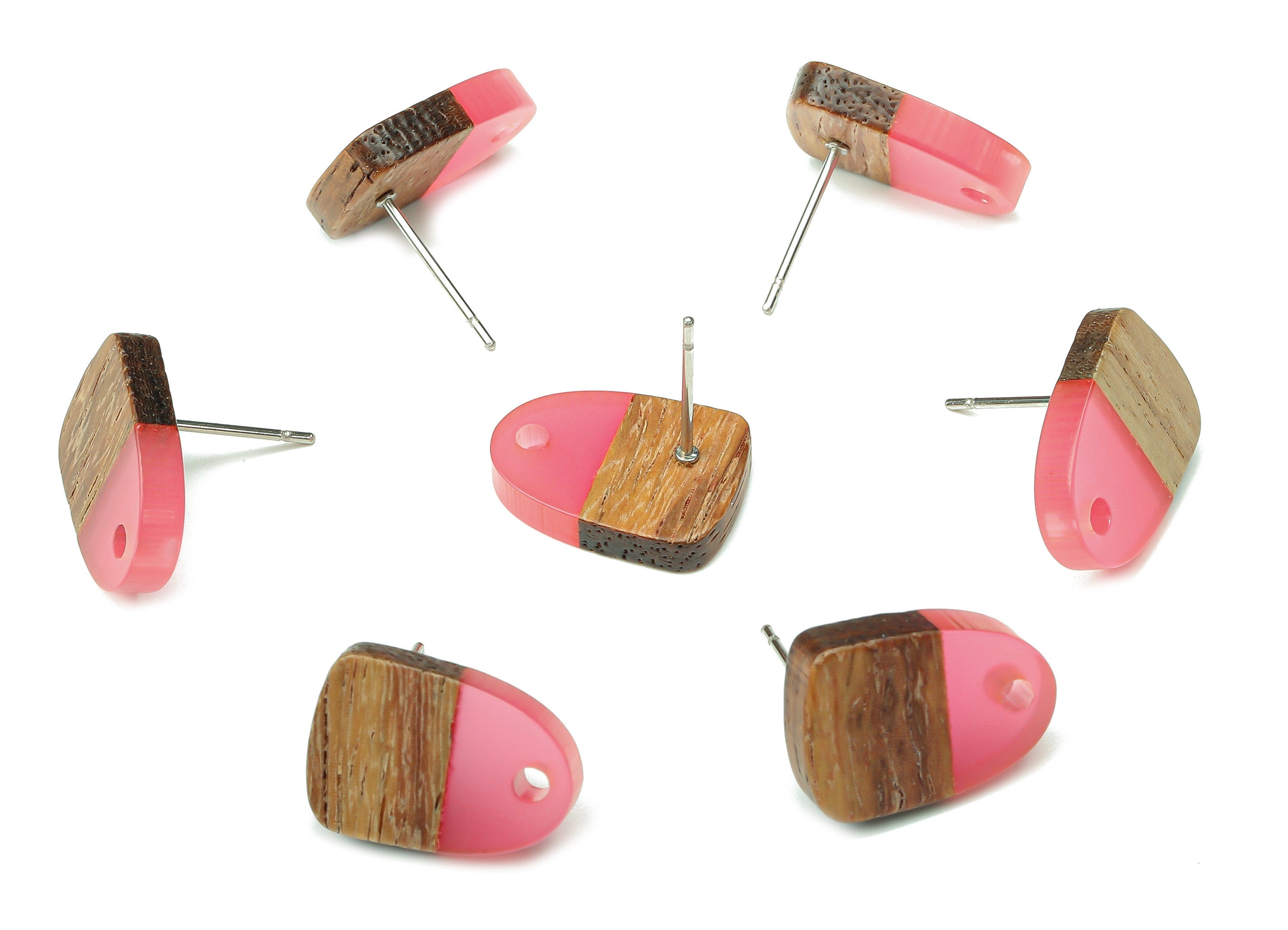 Natural Wooden Domed Earring Stud - Walnut Wood Pink Resin Drop Earring Post - 316 Stainless Steel Stud - 15.18x11.01x3.18mm - BB1261J - DOMEDBAZAAR