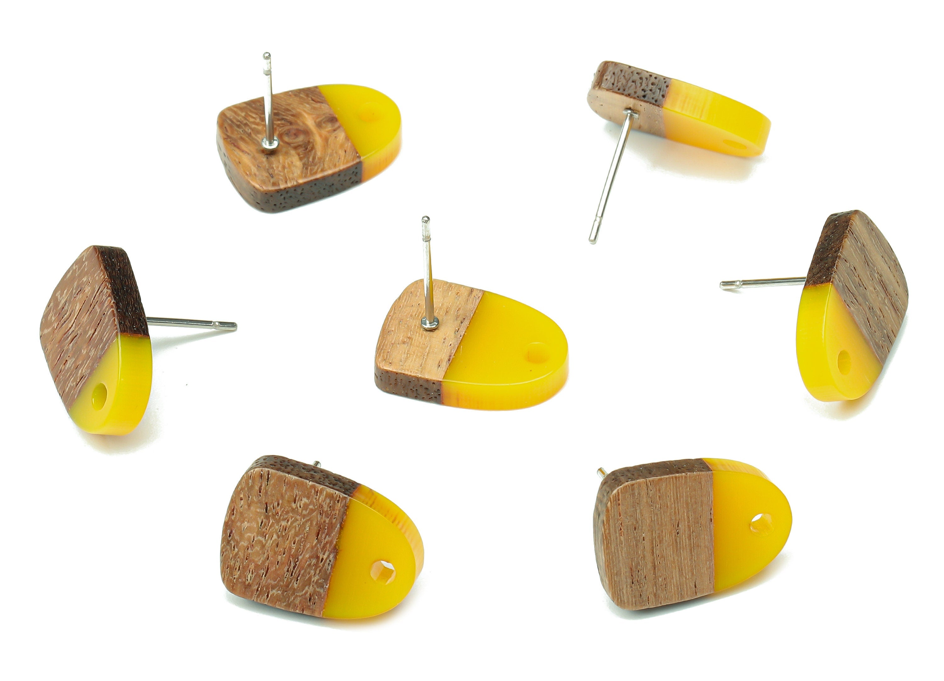 Natural Wooden Domed Earring Stud - Walnut Wood Yellow Resin Drop Earring Post - 316 Stainless Steel Stud - 15.18x11.01x3.18mm - BB1261K - DOMEDBAZAAR