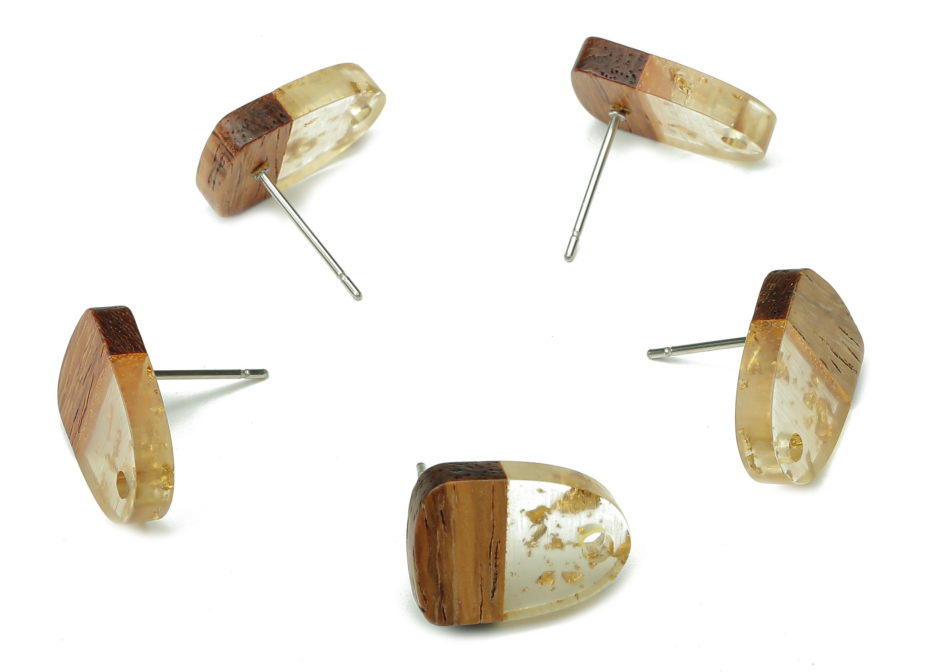 Natural Wooden Domed Earring Stud - Walnut Wood Gold Foil Clear Resin Drop Earring Post - 316 Stainless Steel Stud - 15.2x11x3.2mm - BB1261M - DOMEDBAZAAR