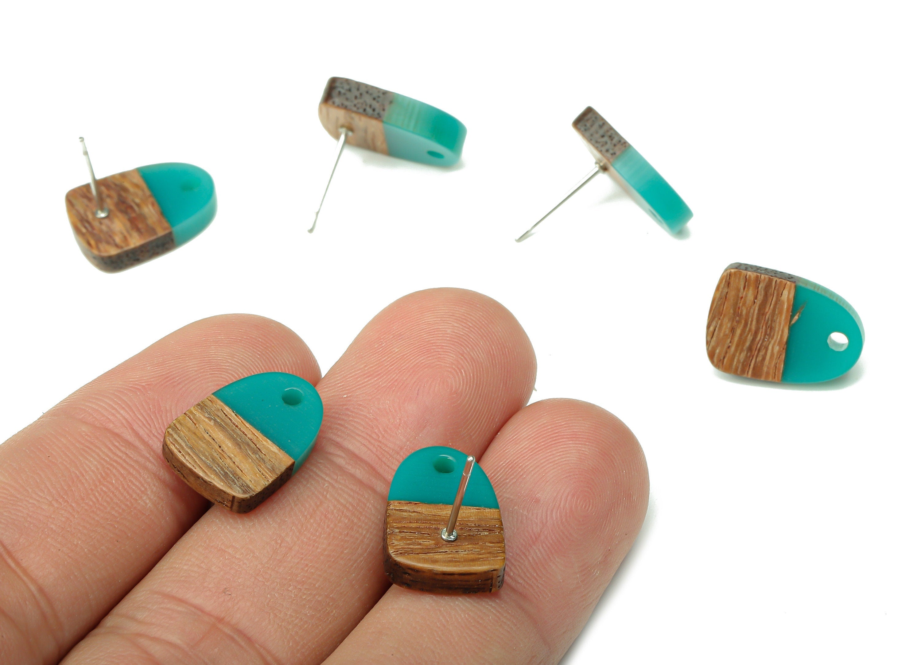 Natural Wooden Domed Earring Stud - Walnut Wood Petrol Resin Drop Earring Post - 316 Stainless Steel Stud - 15.18x11.01x3.18mm - BB1261R - DOMEDBAZAAR