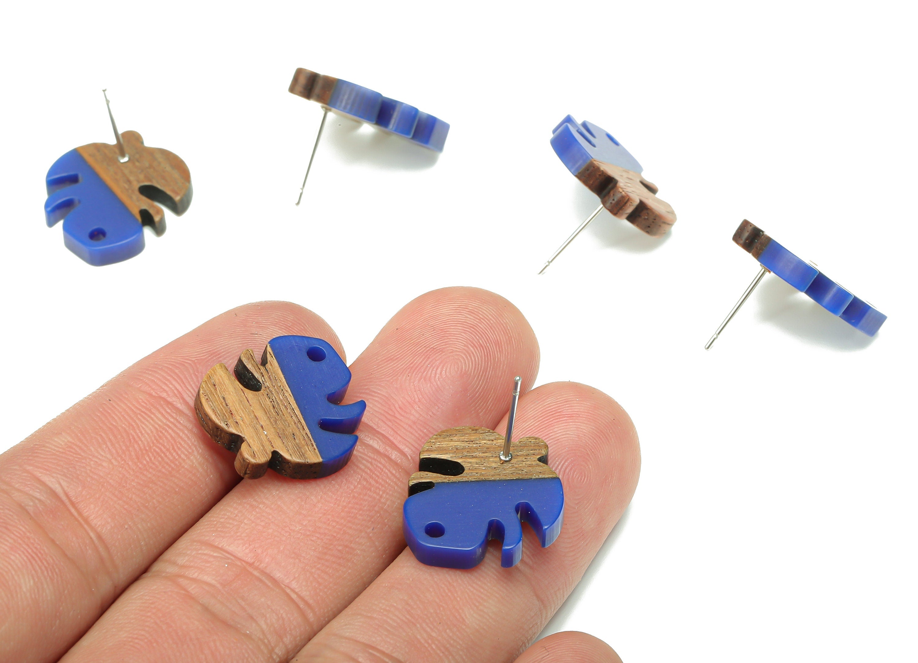 Natural Wooden Leaf Earring Stud - Walnut Wood Dark Blue Resin Monstera Earring Post - 316 Stainless Steel Stud - 19.38x17.1x2.5mm - BB1255C - DOMEDBAZAAR