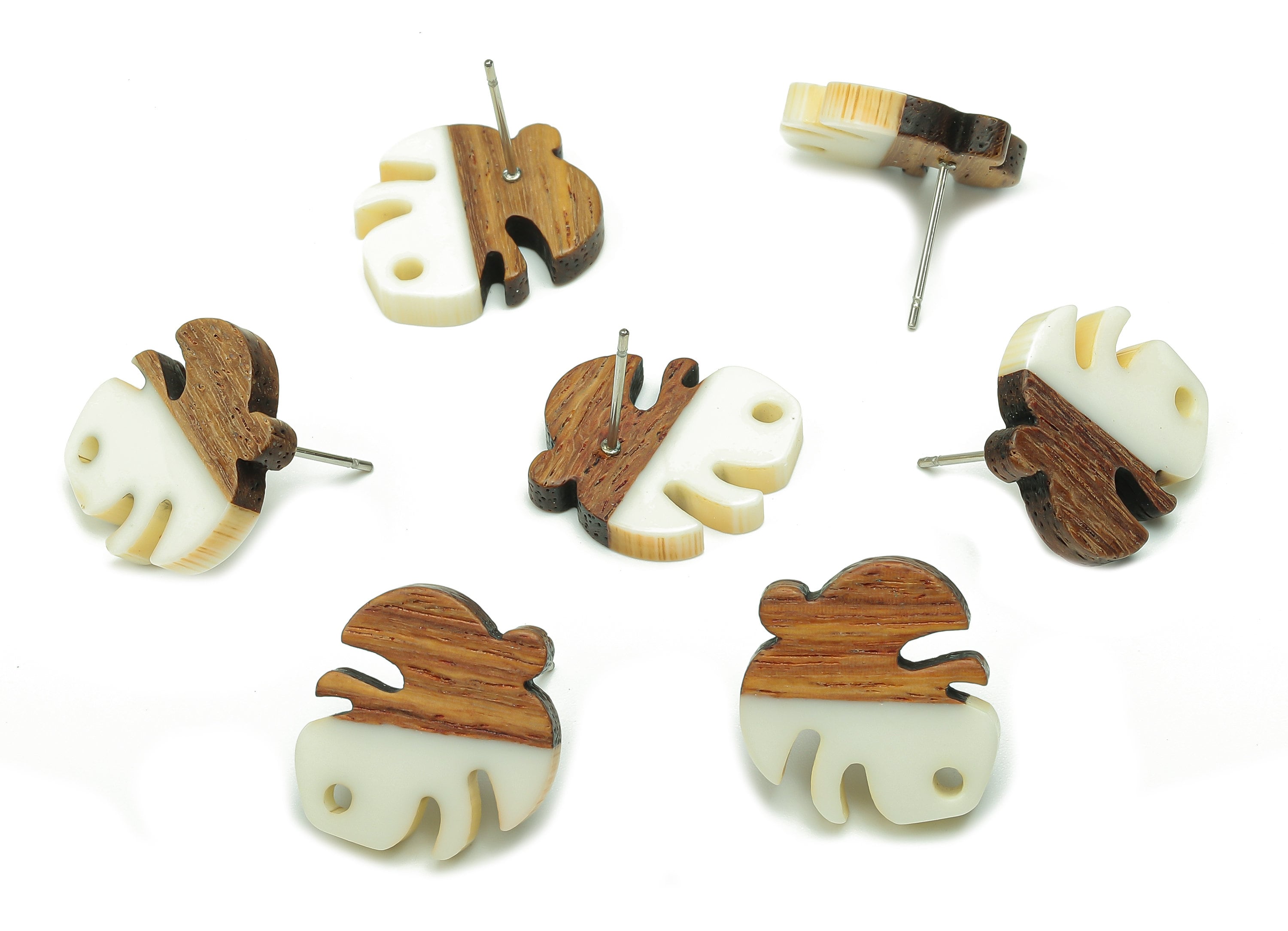 Natural Wooden Leaf Earring Stud - Walnut Wood White Resin Monstera Earring Post - 316 Stainless Steel Stud - 19.38x17.07x2.48mm - BB1255K - DOMEDBAZAAR