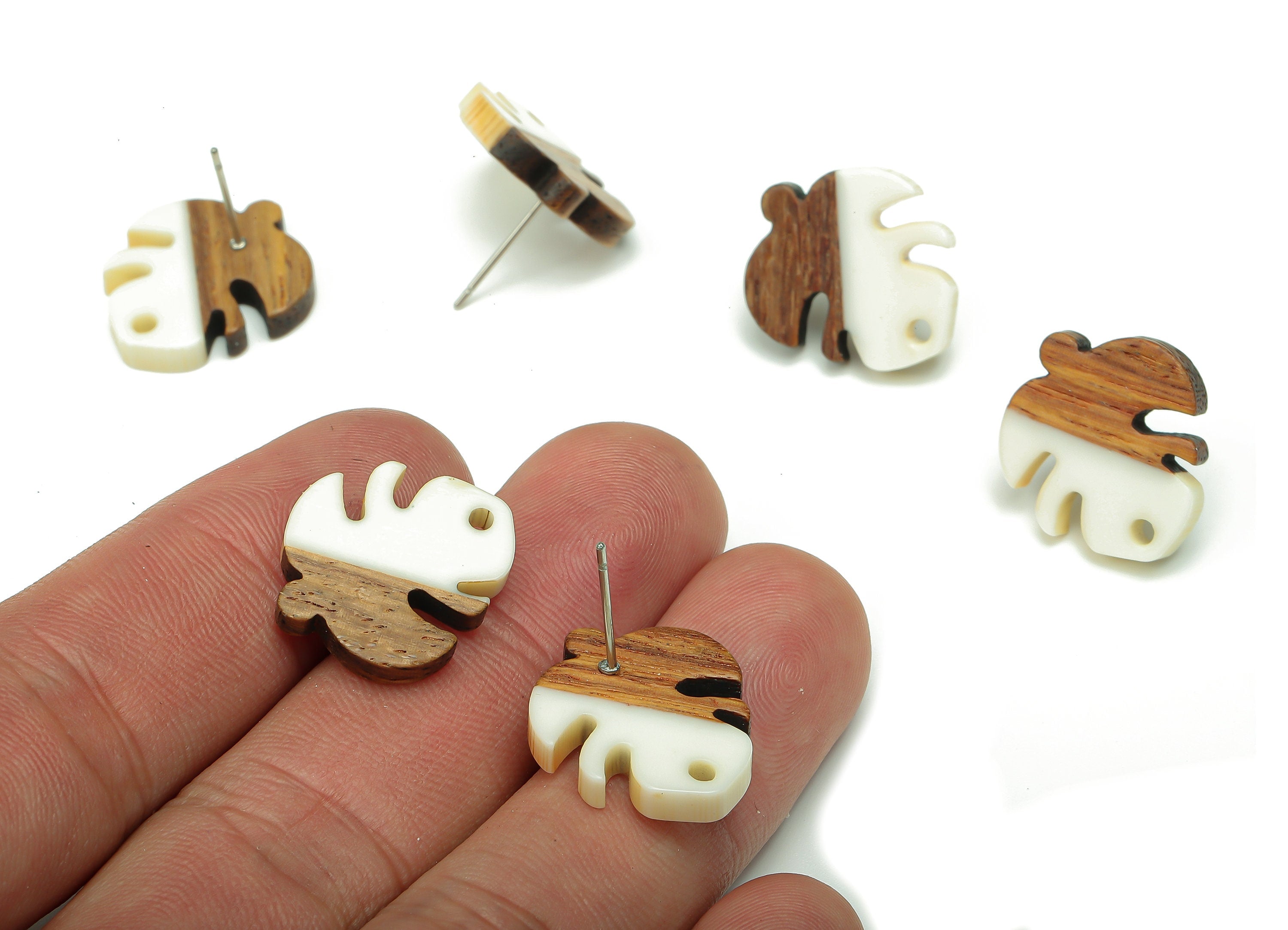 Natural Wooden Leaf Earring Stud - Walnut Wood White Resin Monstera Earring Post - 316 Stainless Steel Stud - 19.38x17.07x2.48mm - BB1255K - DOMEDBAZAAR