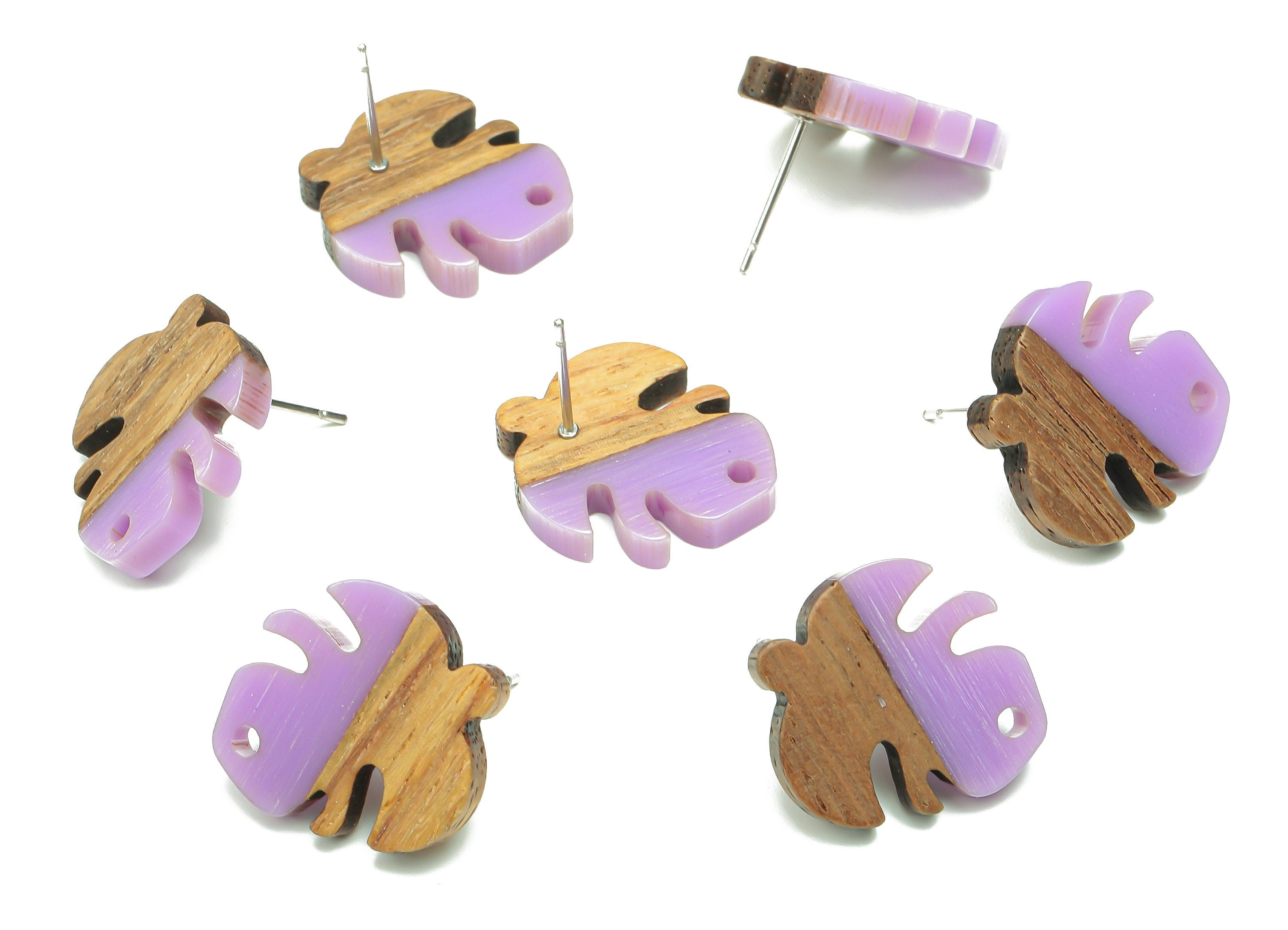 Natural Wooden Leaf Earring Stud - Walnut Wood Purple Resin Monstera Earring Post - 316 Stainless Steel Stud - 19.38x17.07x2.48mm - BB1255P - DOMEDBAZAAR