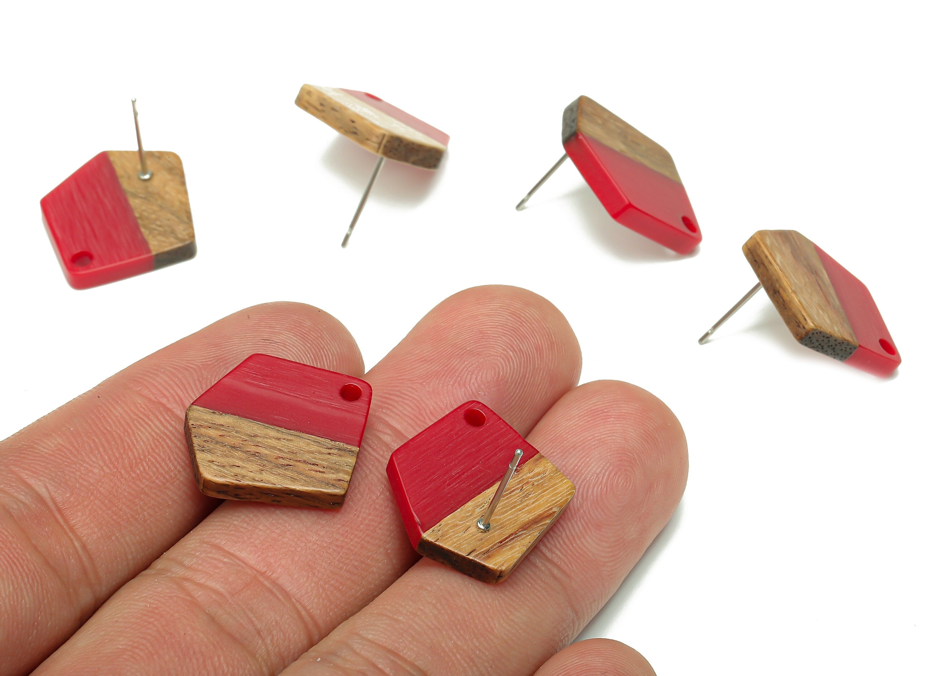 Natural Wooden Pentagon Earring Stud - Walnut Wood Red Resin Irregular Earring Post - 316 Stainless Steel Stud - 20.7x17.6x3.1mm - BB1256H - DOMEDBAZAAR
