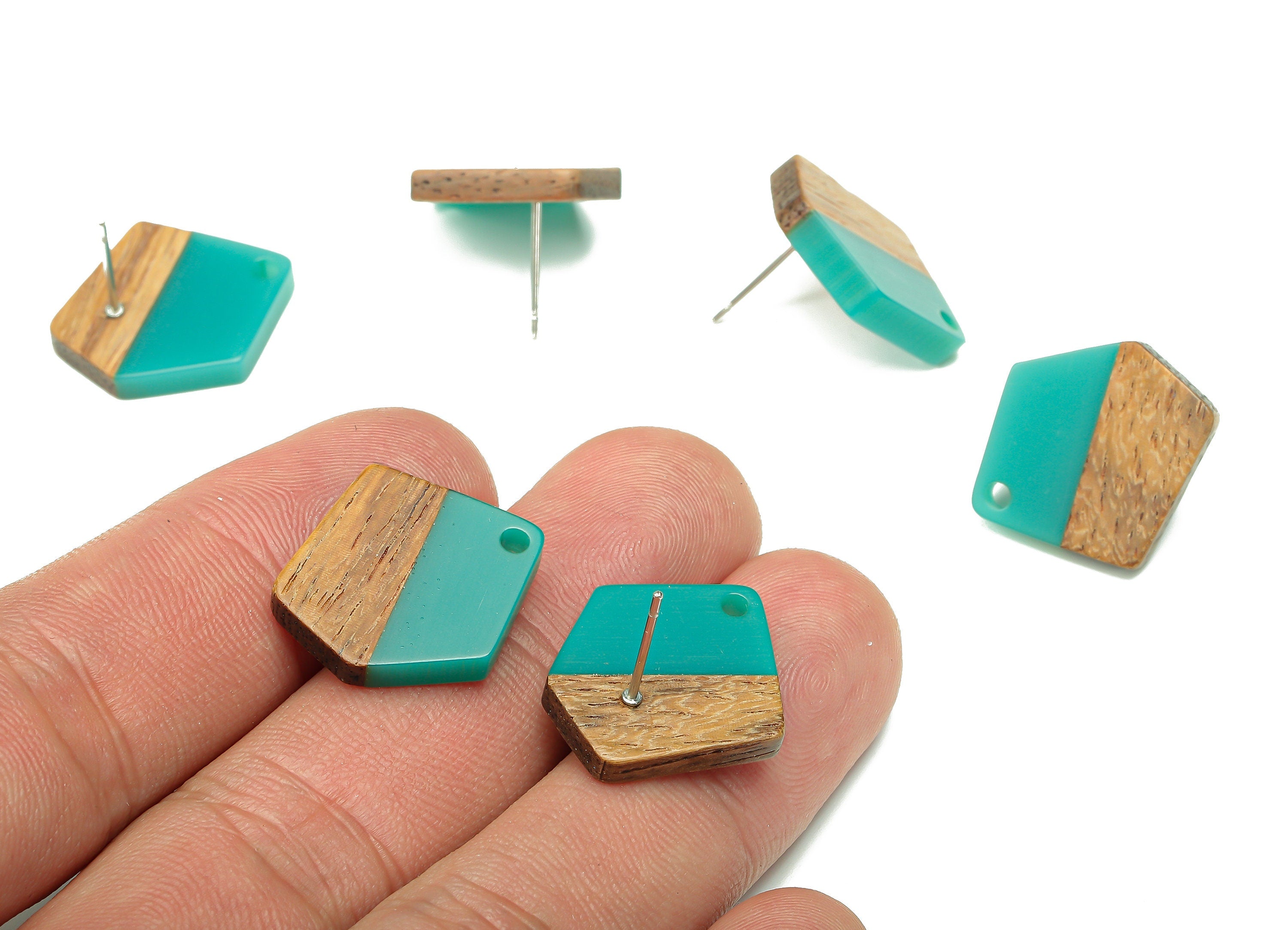Natural Wooden Pentagon Earring Stud - Walnut Wood Petrol Resin Irregular Earring Post - 316 Stainless Steel Stud - 20.7x17.6x3.1mm -BB1256N - DOMEDBAZAAR