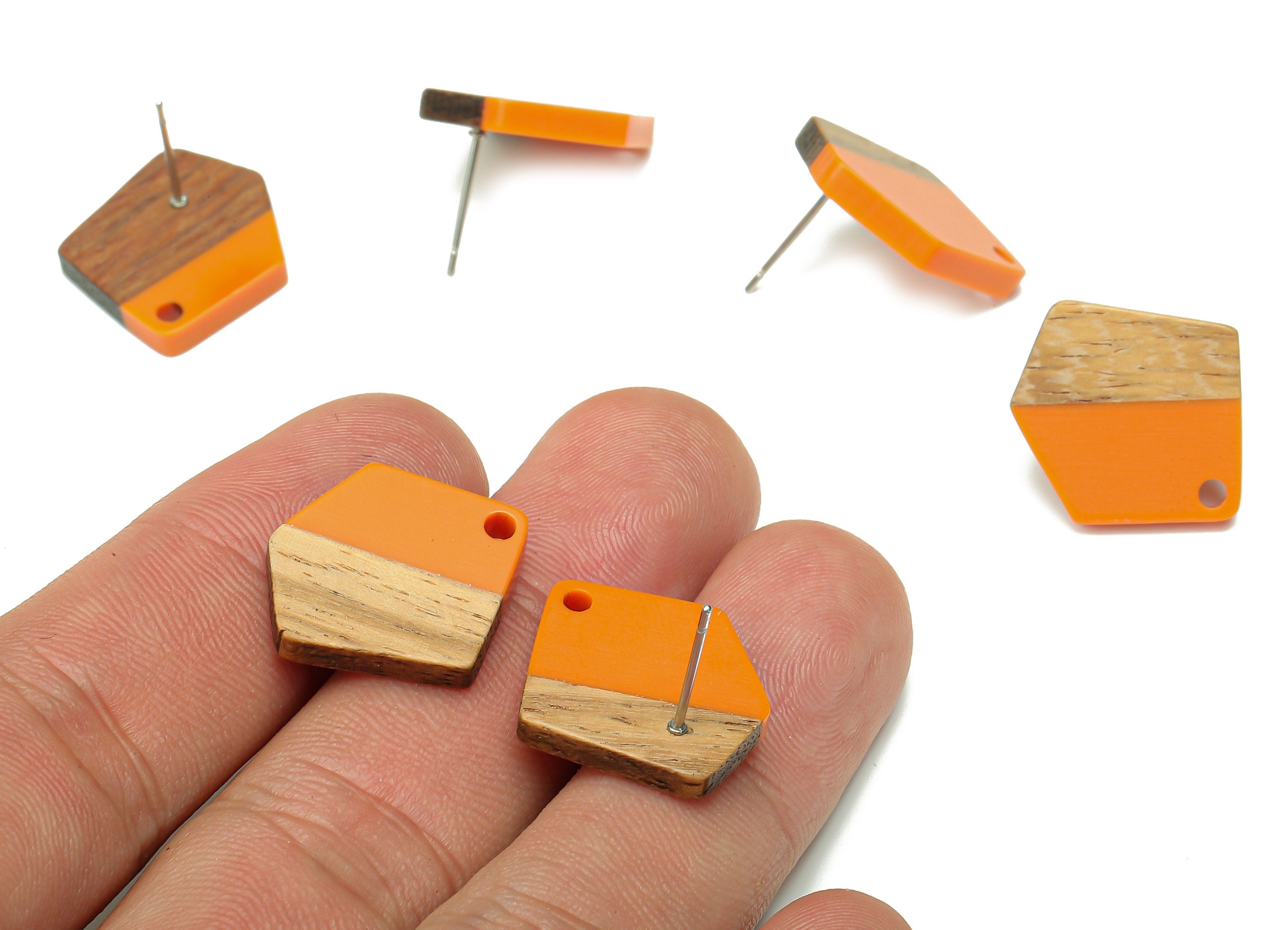Natural Wooden Pentagon Earring Stud - Walnut Wood Orange Resin Irregular Earring Post - 316 Stainless Steel Stud - 20.7x17.6x3.1mm -BB1256R - DOMEDBAZAAR