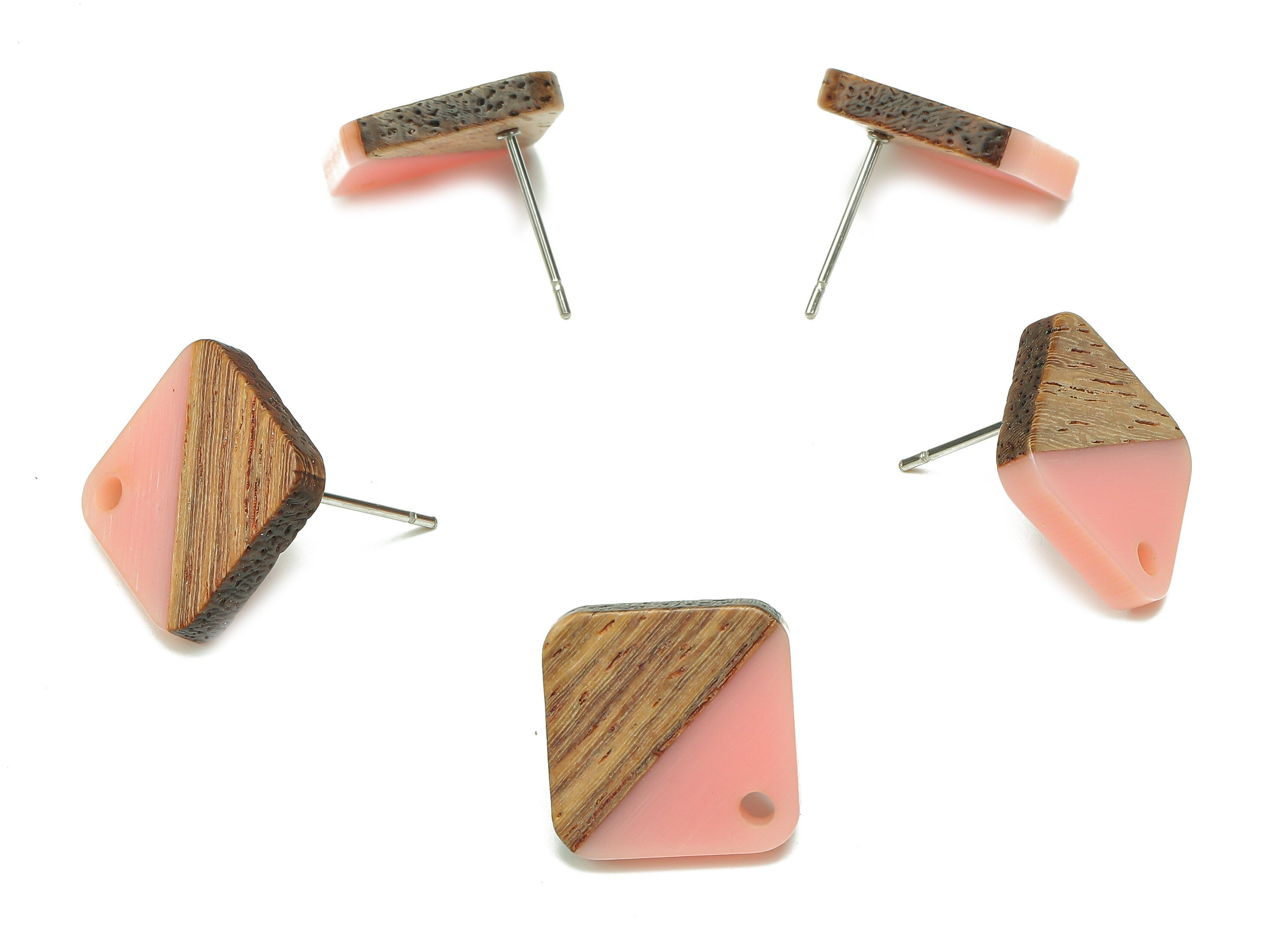 Natural Wooden Diamond Earring Stud - Walnut Wood Rhombus Pink Resin Earring Post - 316 Stainless Steel Stud - 17.14x17.14x2.95mm - BB1257L - DOMEDBAZAAR
