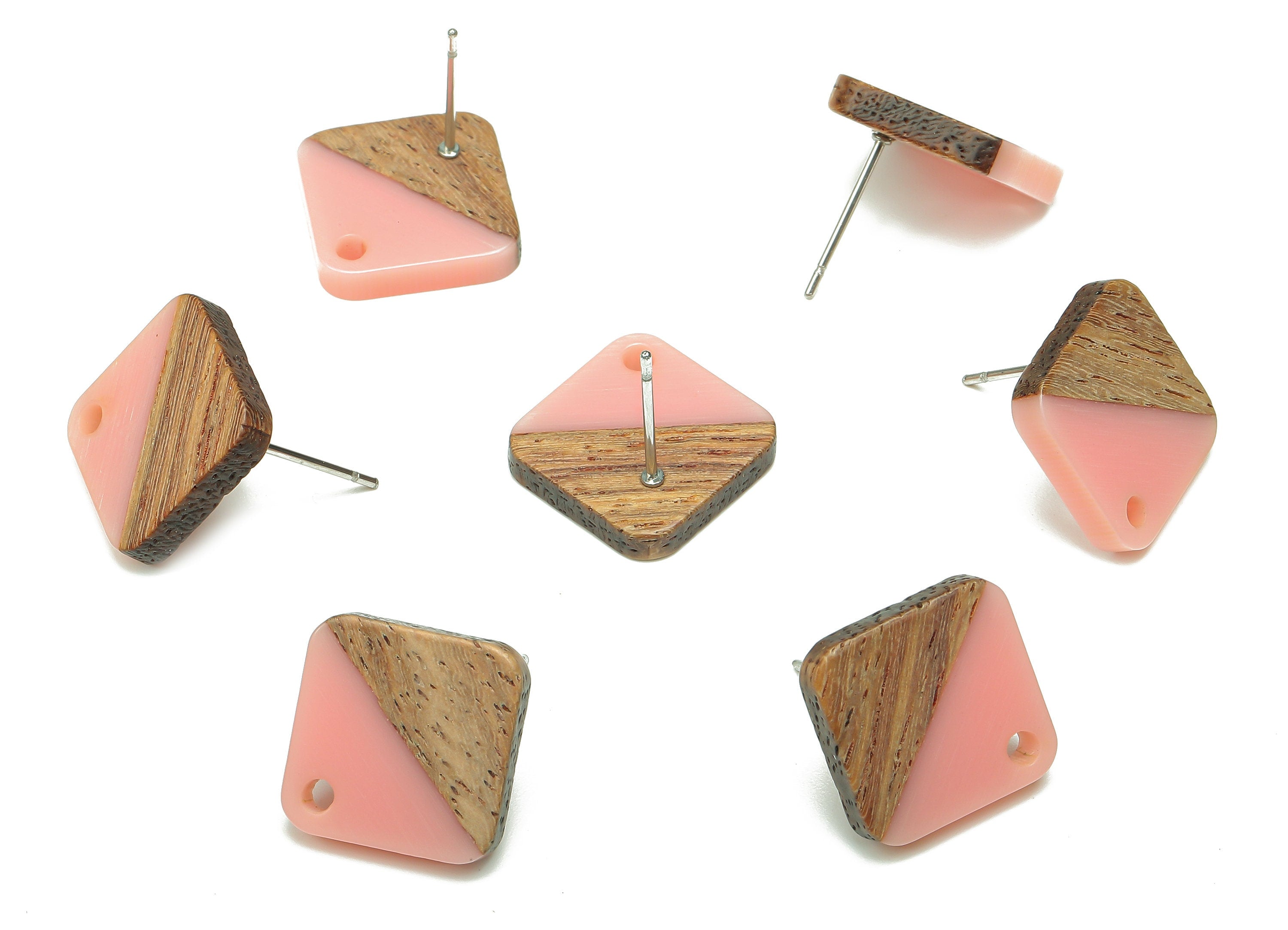 Natural Wooden Diamond Earring Stud - Walnut Wood Rhombus Pink Resin Earring Post - 316 Stainless Steel Stud - 17.14x17.14x2.95mm - BB1257L - DOMEDBAZAAR