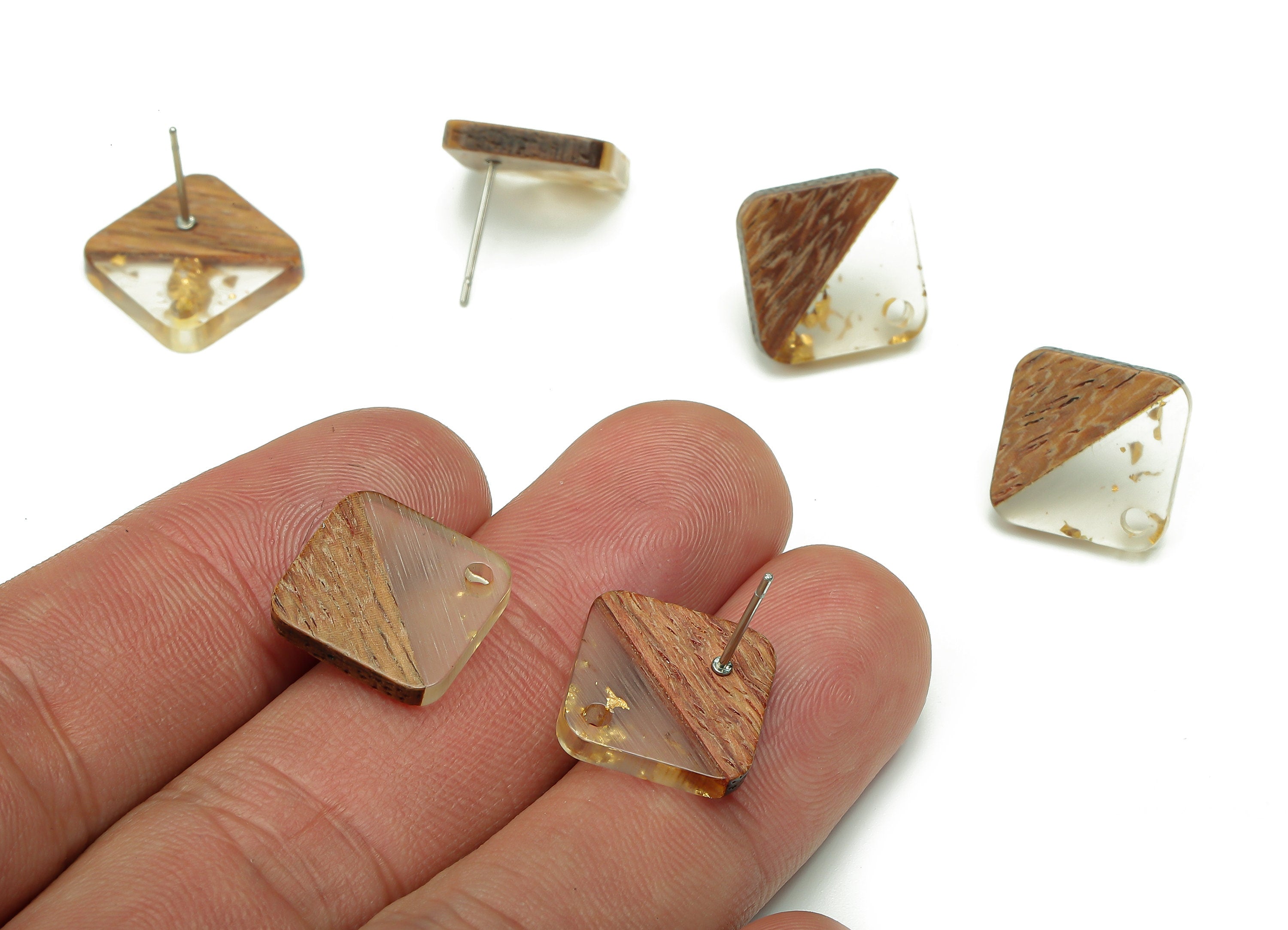 Natural Wooden Diamond Earring Stud - Walnut Wood Rhombus Gold Foil Clear Resin Post - 316 Stainless Steel Stud - 17.1x17.1x2.95mm - BB1257M - DOMEDBAZAAR