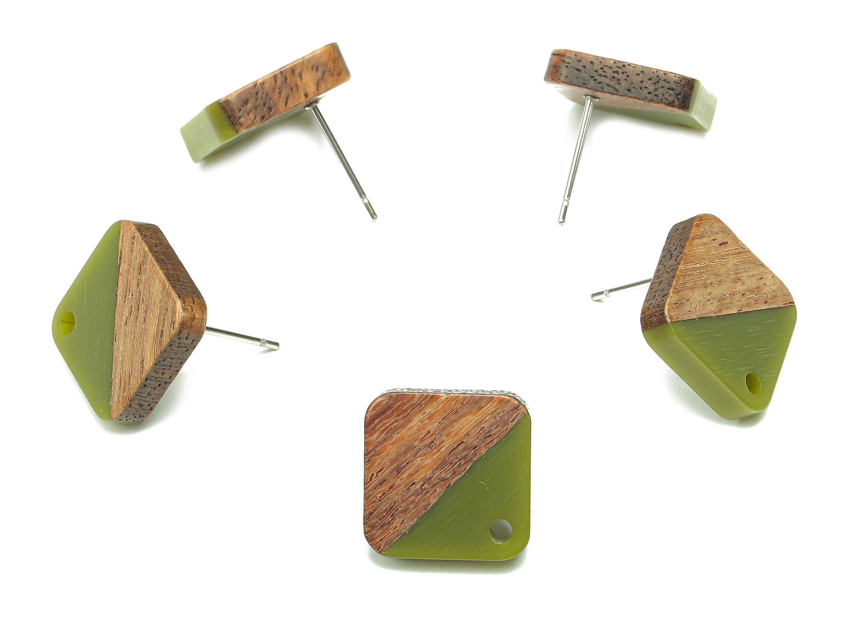Natural Wooden Diamond Earring Stud - Walnut Wood Rhombus Green Resin Earring Post - 316 Stainless Steel Stud - 17.14x17.14x2.95mm - BB1257S - DOMEDBAZAAR