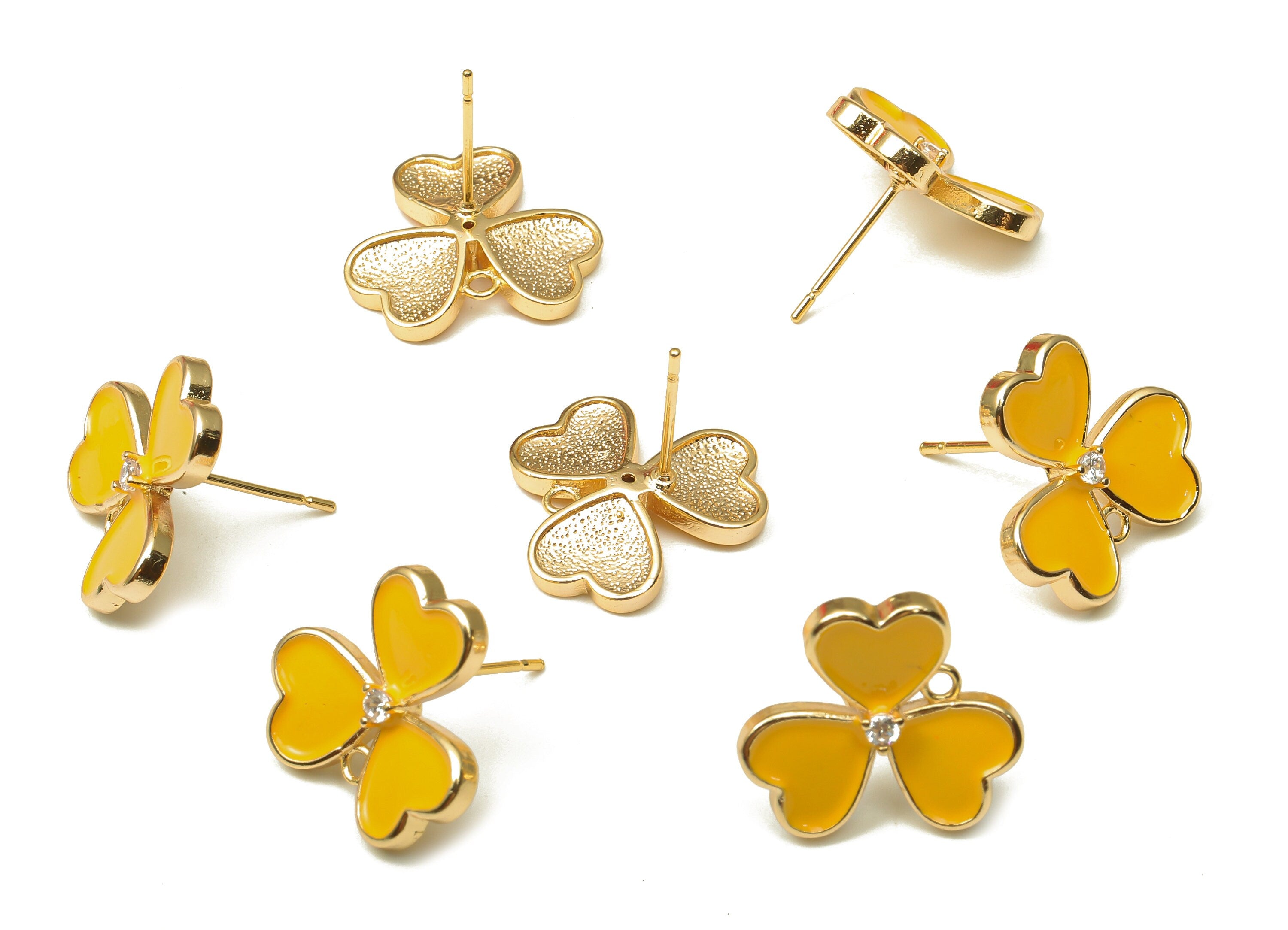 Brass Leaves Earring Stud - Enamel Zircon Clover Heart Earring Post - 316 Stainless Steel - 18k Real Gold Plating -16.1x16.1x1.9mm -RGP5233A - DOMEDBAZAAR