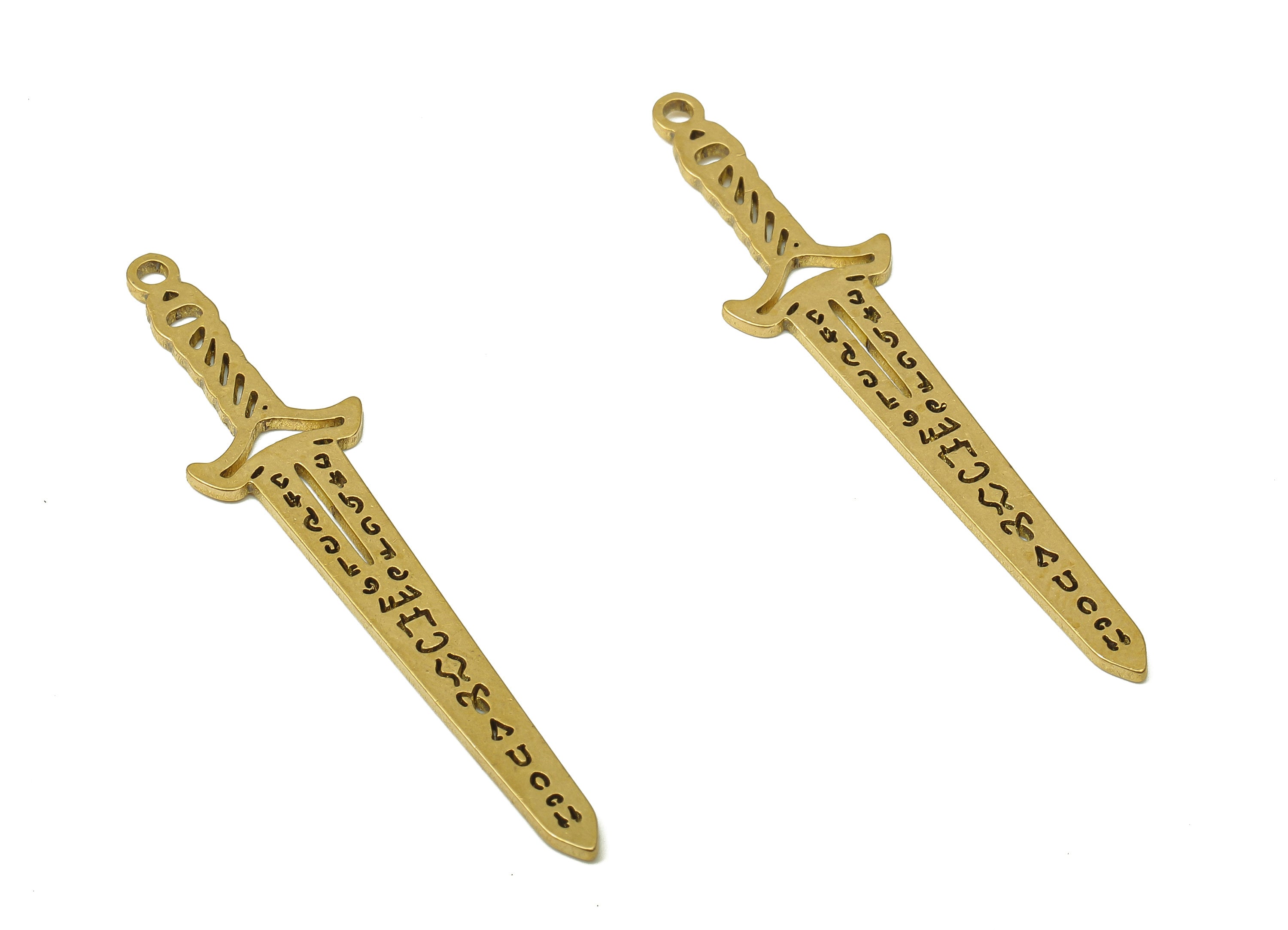 Brass Sword Earring Charm - Raw Brass Sword Cutout Pendant With Loop - Ancient Egypt Sword - Hieroglyphic Sword - 47.6x10.43x0.9mm - PPA4892 - DOMEDBAZAAR
