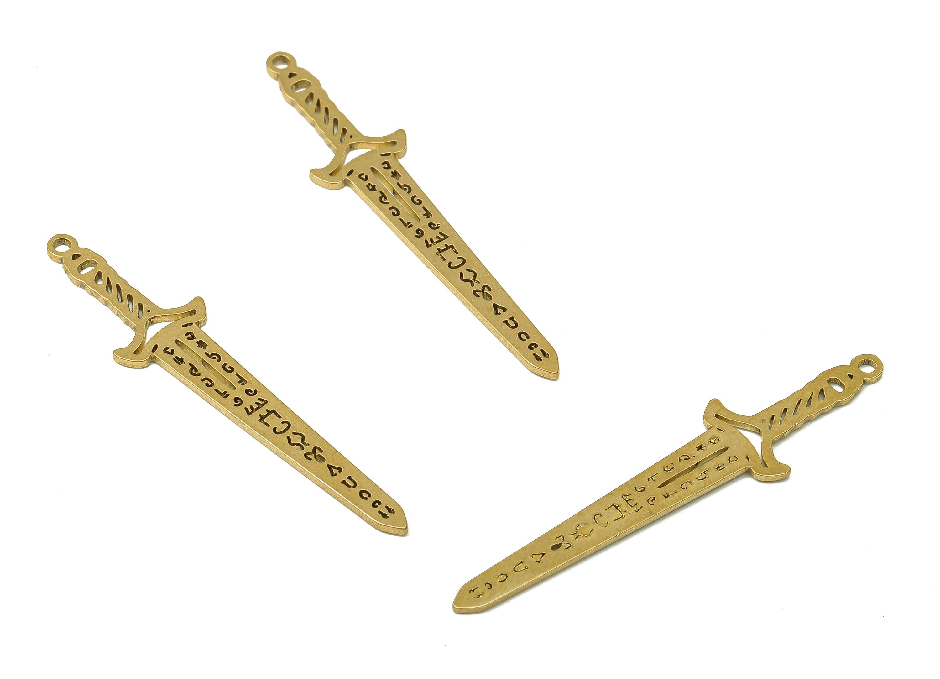 Brass Sword Earring Charm - Raw Brass Sword Cutout Pendant With Loop - Ancient Egypt Sword - Hieroglyphic Sword - 47.6x10.43x0.9mm - PPA4892 - DOMEDBAZAAR
