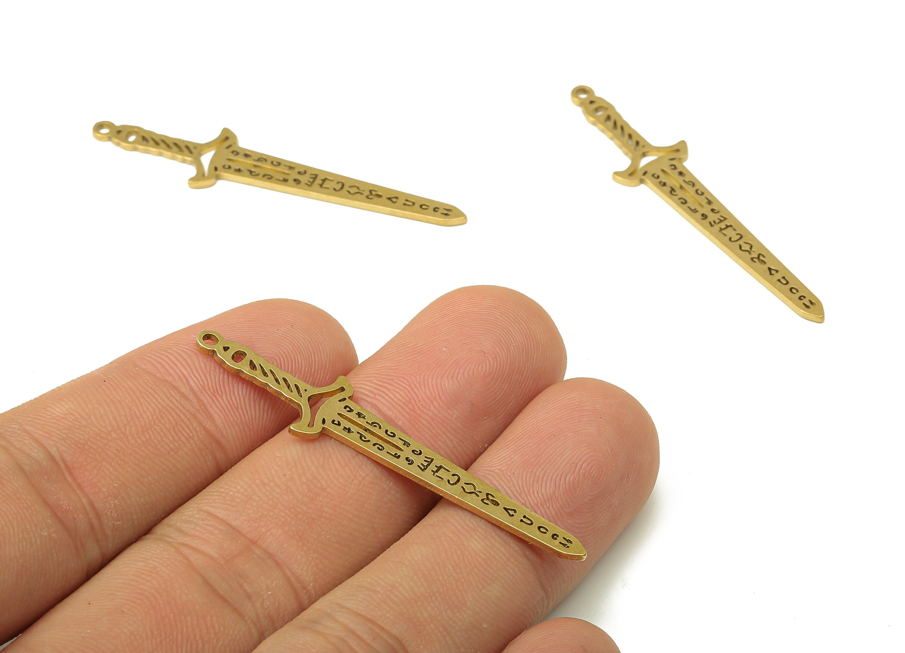 Brass Sword Earring Charm - Raw Brass Sword Cutout Pendant With Loop - Ancient Egypt Sword - Hieroglyphic Sword - 47.6x10.43x0.9mm - PPA4892 - DOMEDBAZAAR