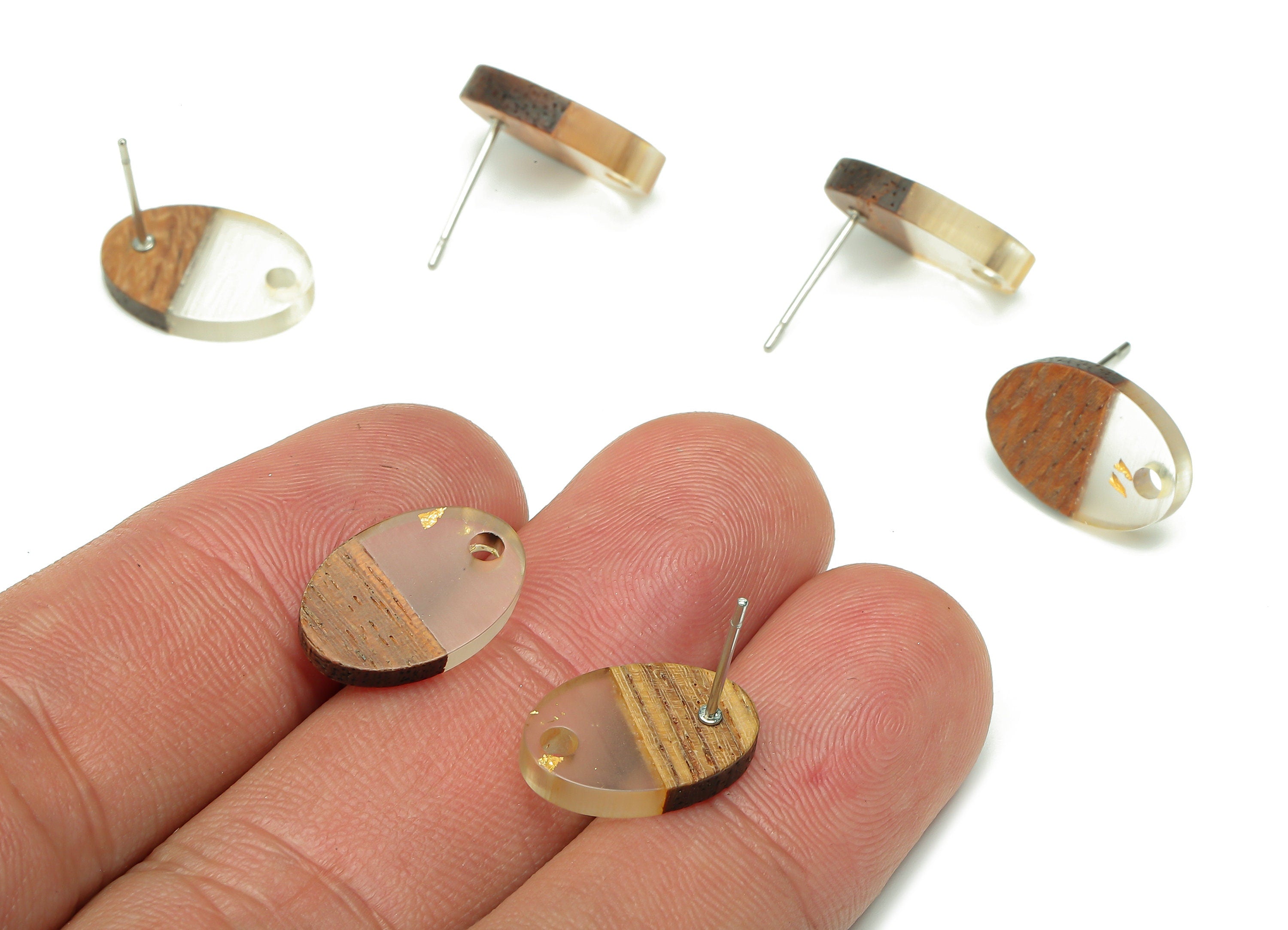 Natural Wooden Oval Earring Stud - Walnut Wood Gold Foil Clear Resin Ellipse Earring - 316 Stainless Steel Stud - 15.6x10.23x2.4mm - BB1258C - DOMEDBAZAAR