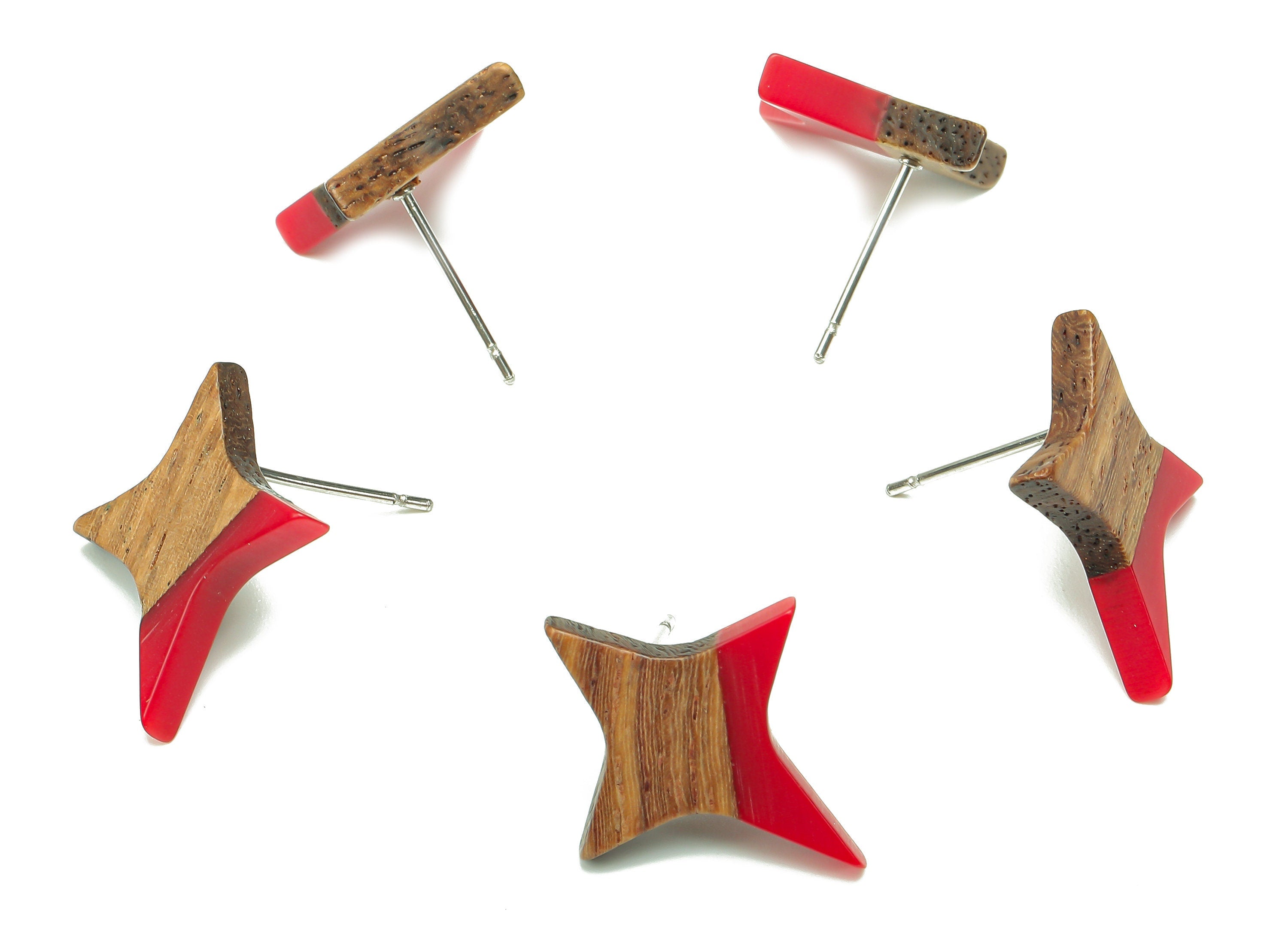 Natural Wooden North Star Earring - Walnut Wood Red Resin Four-Pointed Star Earring Post - 316 Stainless Steel Stud -20.1x17.1x3.1mm-BB1259D - DOMEDBAZAAR