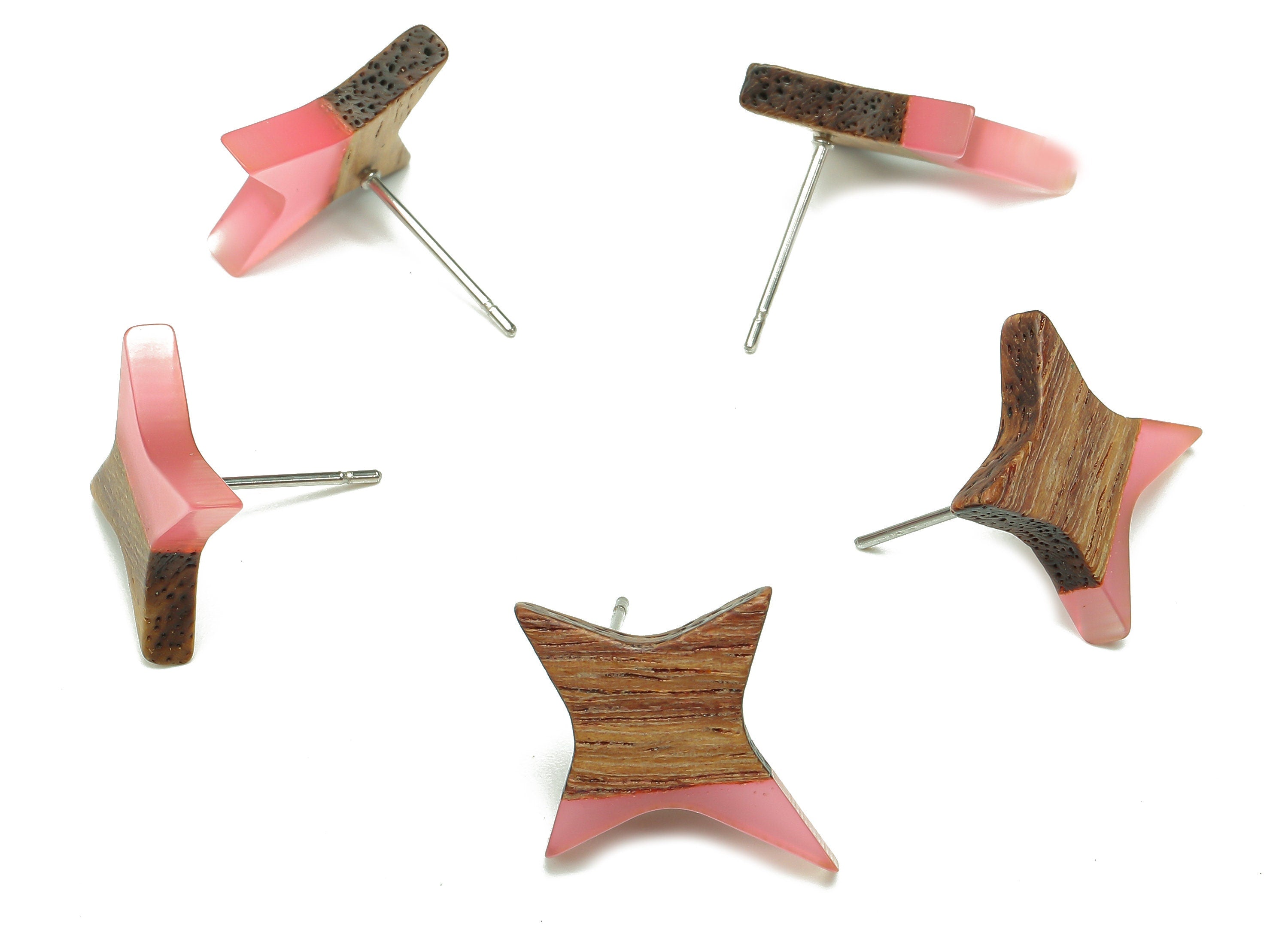 Natural Wooden North Star Earring - Walnut Wood Red Resin Four-Pointed Star Earring Post - 316 Stainless Steel Stud -20.1x17.1x3.1mm-BB1259K - DOMEDBAZAAR