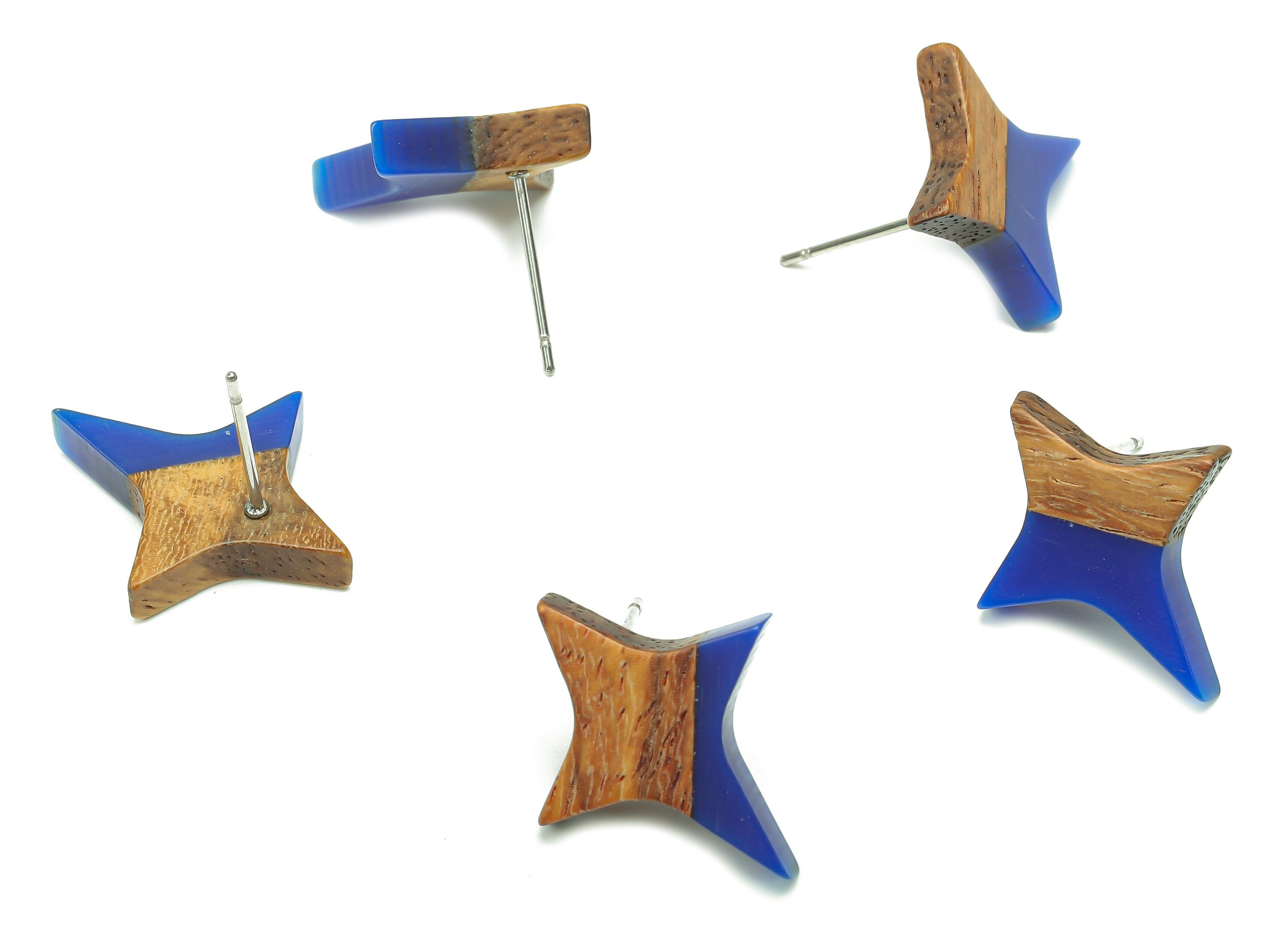 Natural Wooden North Star Earring - Walnut Wood Blue Resin Four-Pointed Star Earring Post - 316 Stainless Steel Stud-20.1x17.1x3.1mm-BB1259N - DOMEDBAZAAR