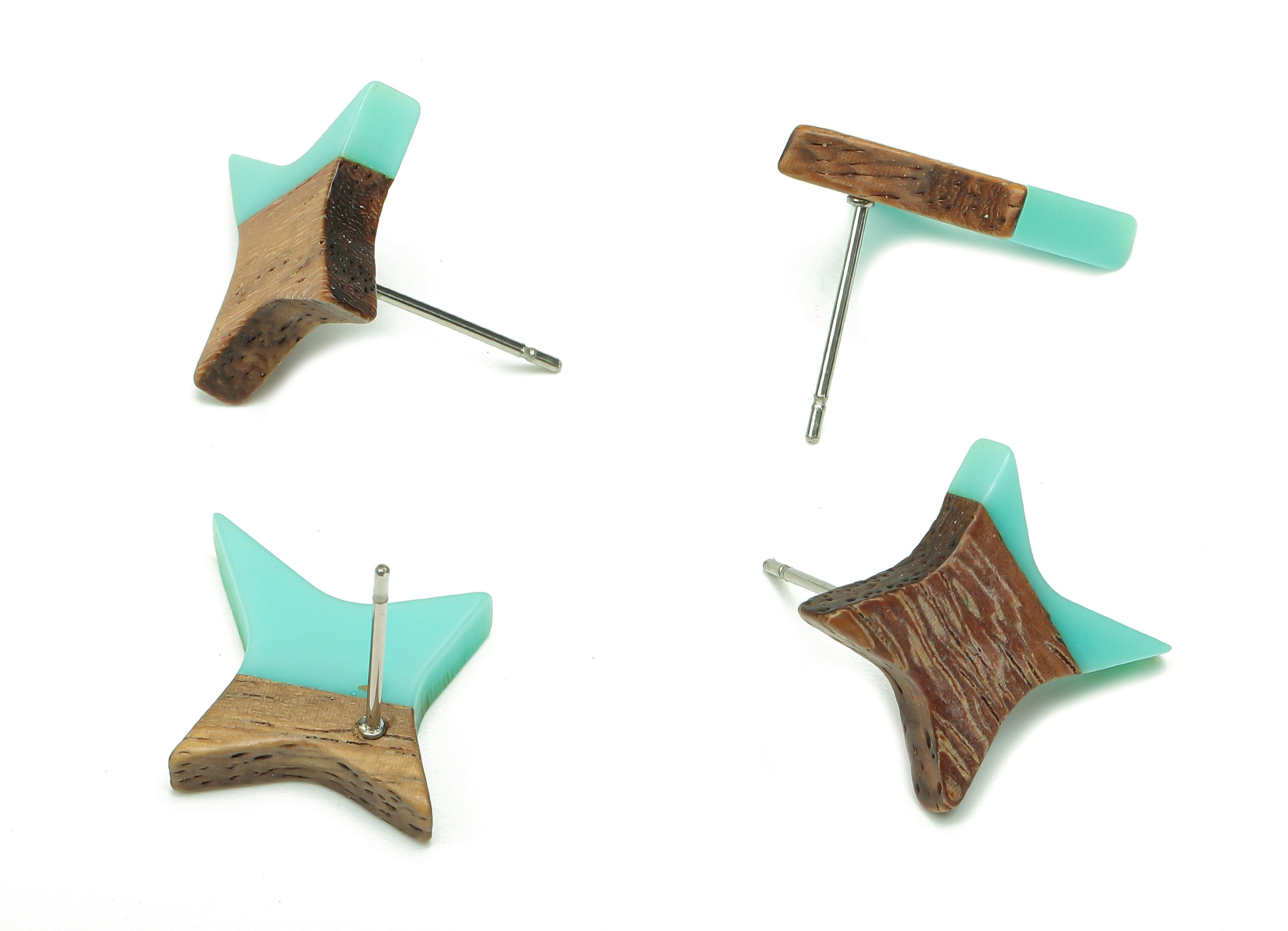 Natural Wooden North Star Earring - Walnut Wood Aqua Resin Four-Pointed Star Earring Post - 316 Stainless Steel Stud-20.1x17.1x3.1mm-BB1259P - DOMEDBAZAAR
