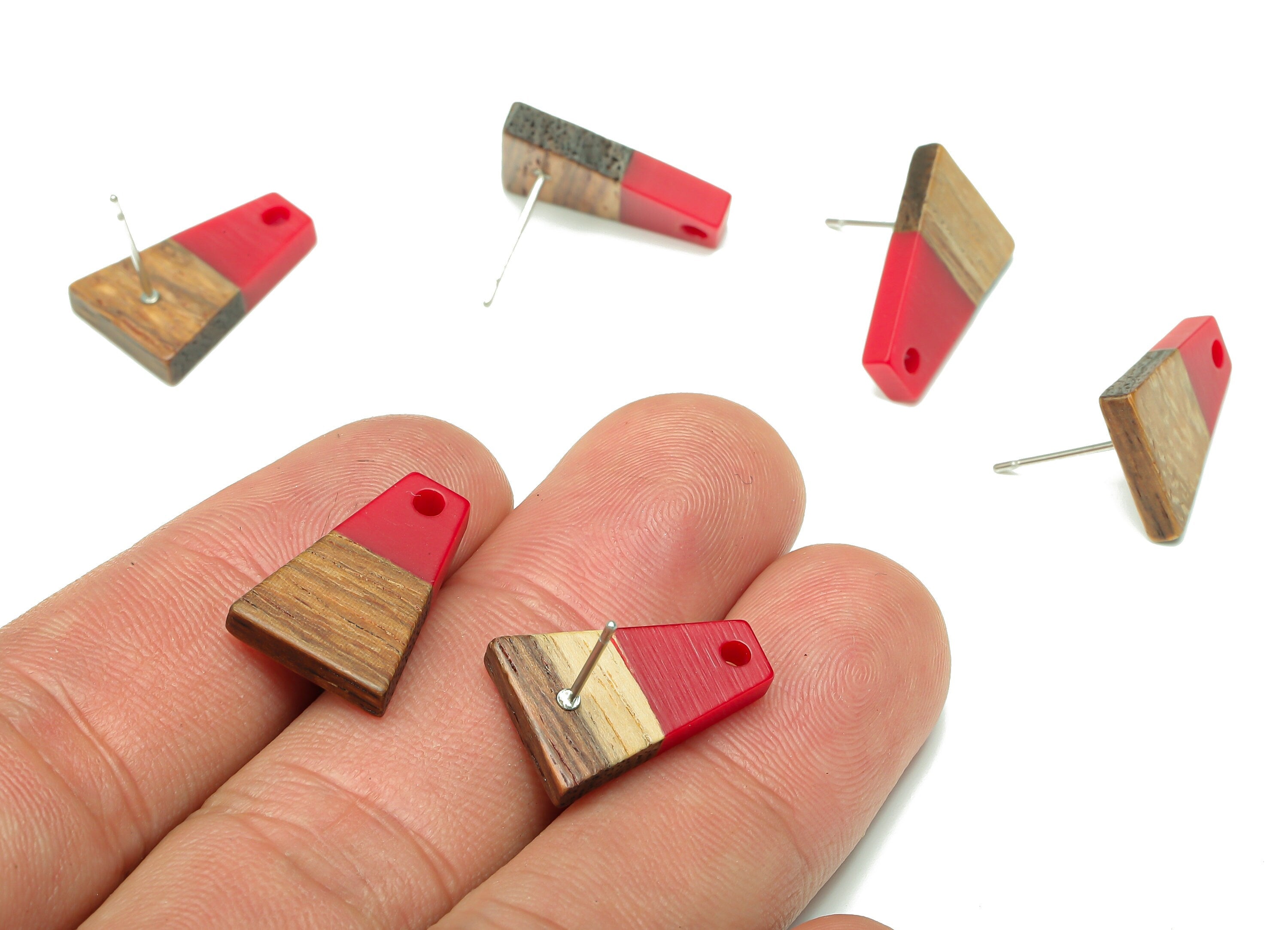 Natural Wooden Trapezoid Earring Stud - Walnut Wood Red Resin Earring Post - 316 Stainless Steel Stud - 17.86x12.37x2.5mm - BB1260B - DOMEDBAZAAR