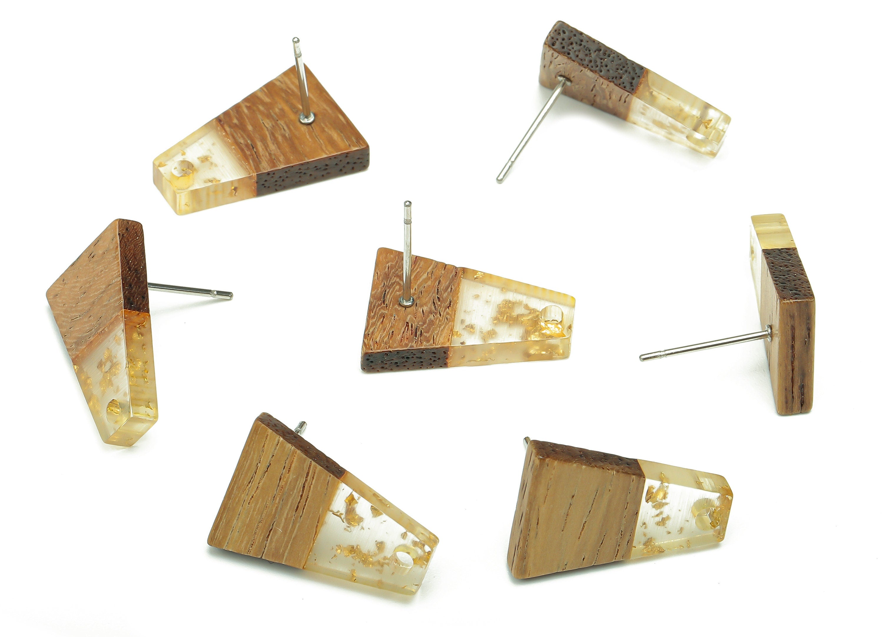 Natural Wooden Trapezoid Earring Stud - Walnut Wood Gold Foil Clear Resin Earring Post - 316 Stainless Steel Stud - 17.9x12.4x2.5mm -BB1260C - DOMEDBAZAAR