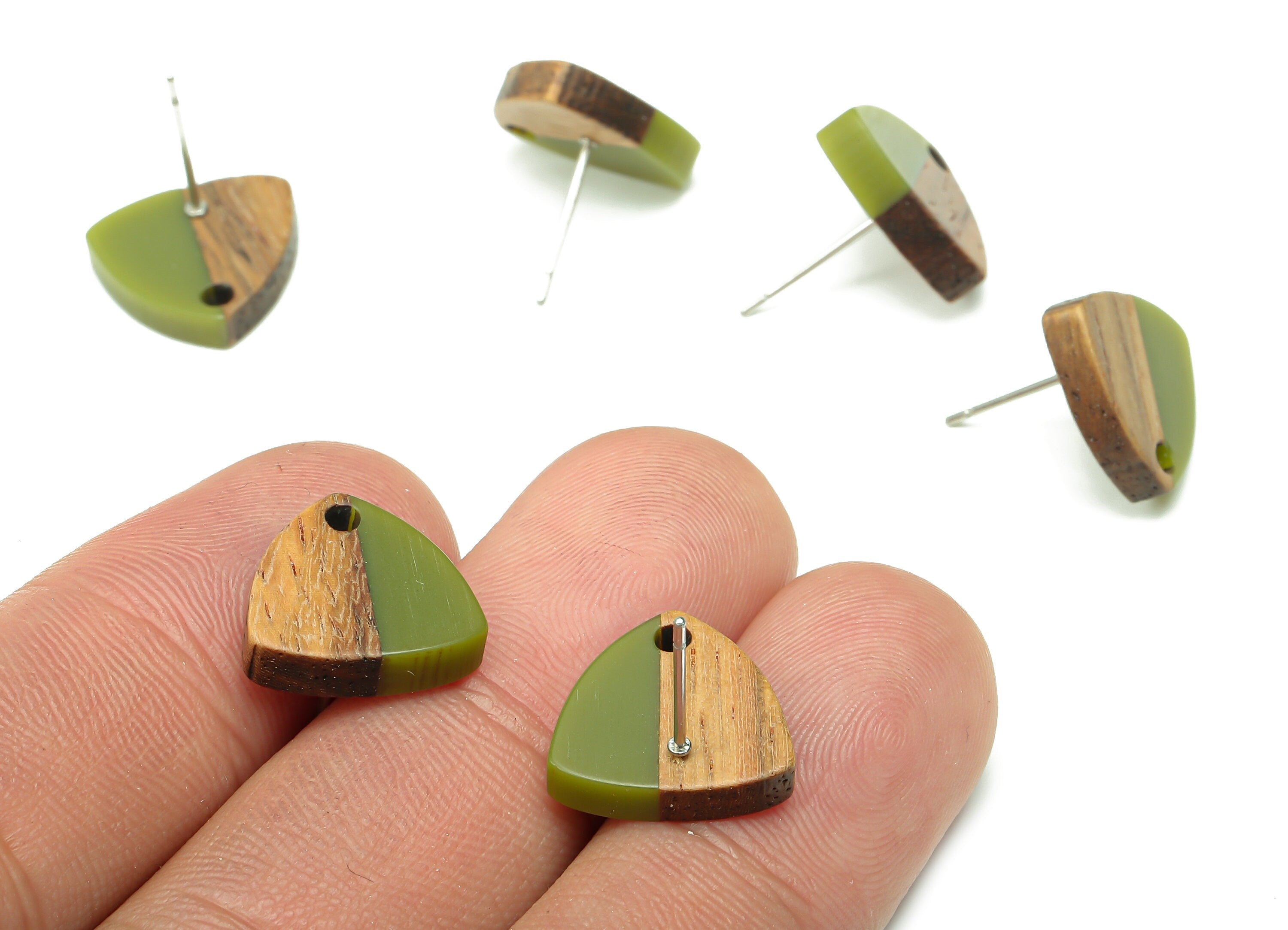 Natural Wooden Shield Earring Stud - Walnut Wood Green Resin Earring Post - 316 Stainless Steel Stud - 14.1x13.1x3.6mm - BB1263H - DOMEDBAZAAR