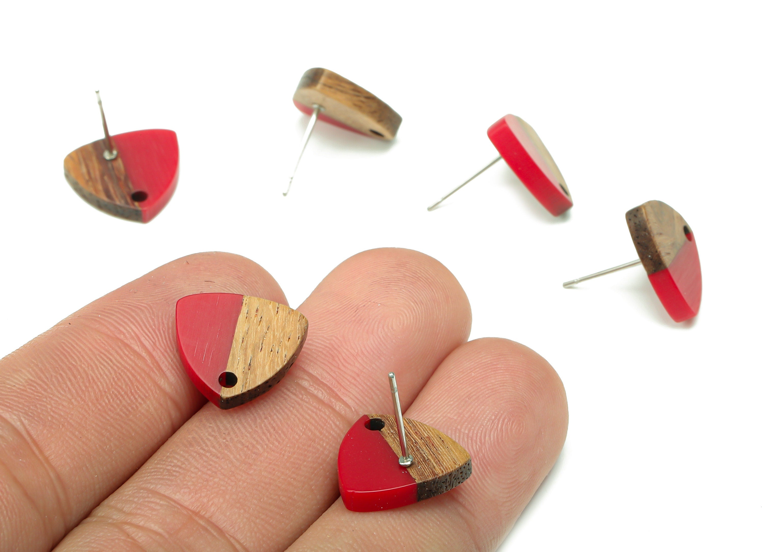 Natural Wooden Shield Earring Stud - Walnut Wood Red Resin Earring Post - 316 Stainless Steel Stud - 14.1x13.1x3.6mm - BB1263L - DOMEDBAZAAR