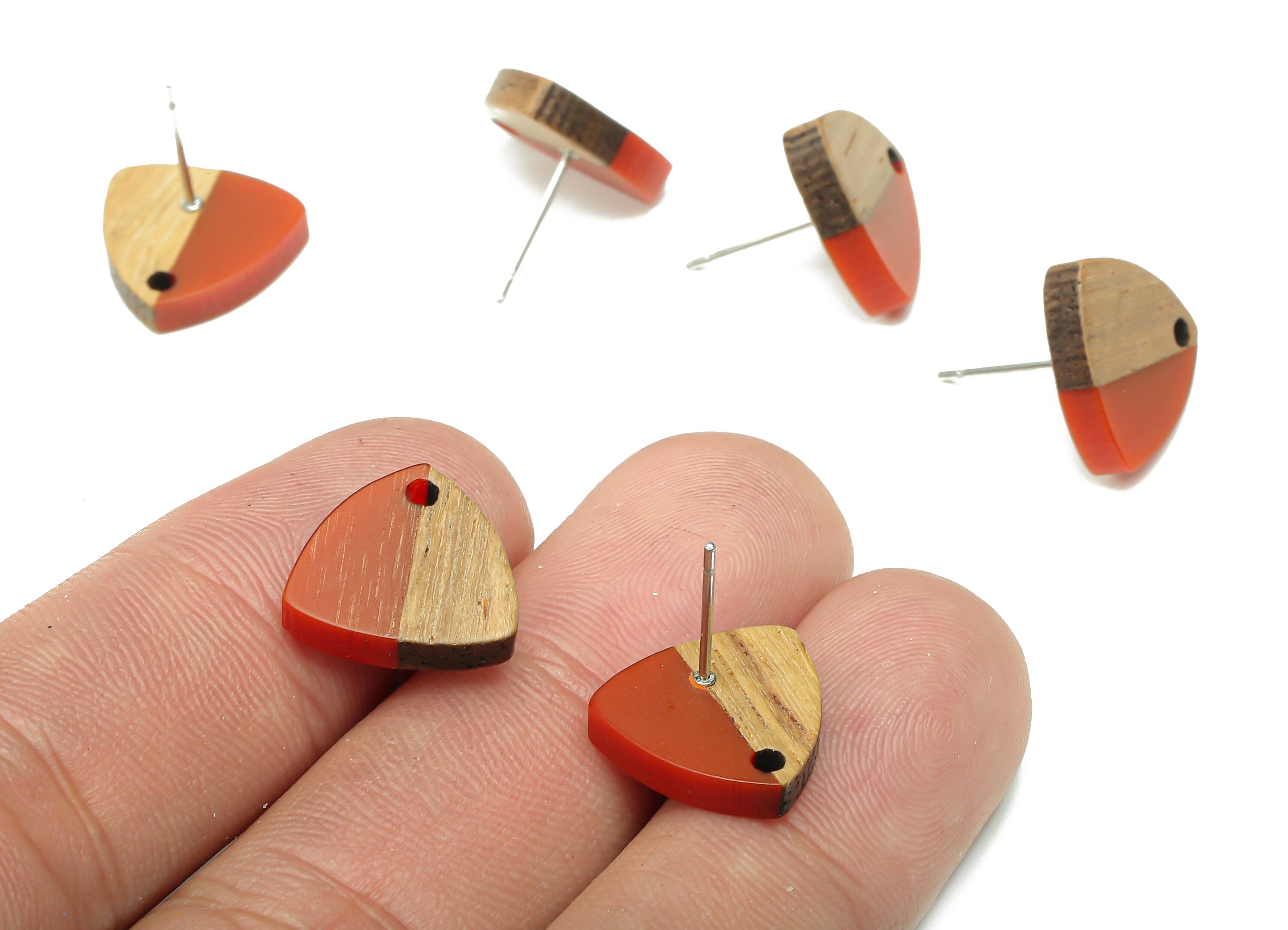 Natural Wooden Shield Earring Stud - Walnut Wood Red Resin Earring Post - 316 Stainless Steel Stud - 14.1x13.1x3.6mm - BB1263P - DOMEDBAZAAR