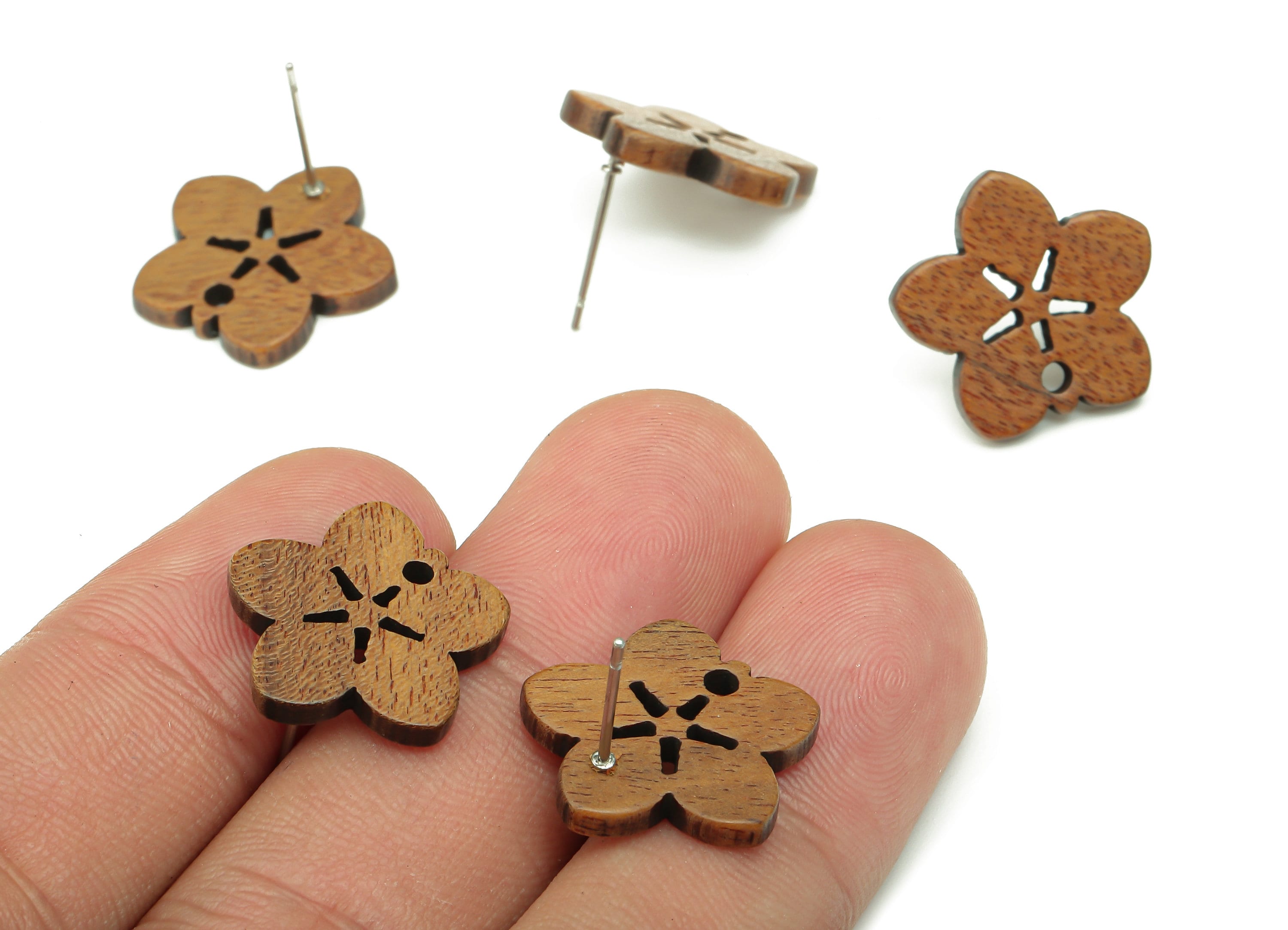 Natural Wooden Flower Earring Stud - Walnut Wood Flower Brown Earring Post - Stainless Steel Stud - 17.33x17.33x2.2mm - BB1267 - DOMEDBAZAAR