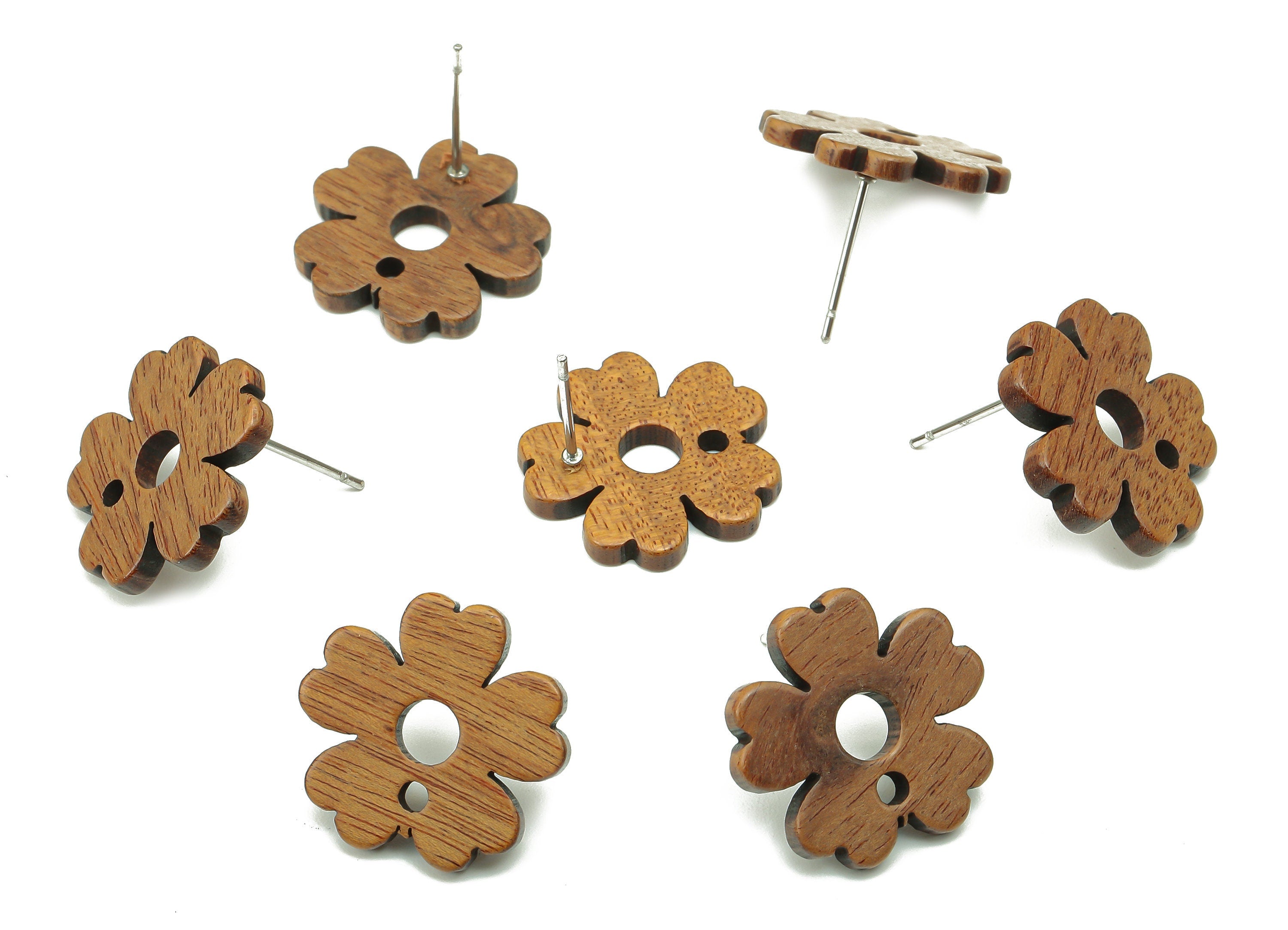 Natural Wooden Flower Earring Stud - Walnut Wood Flower Brown Earring Post - Stainless Steel Stud - 17x17x2.05mm - BB1269 - DOMEDBAZAAR