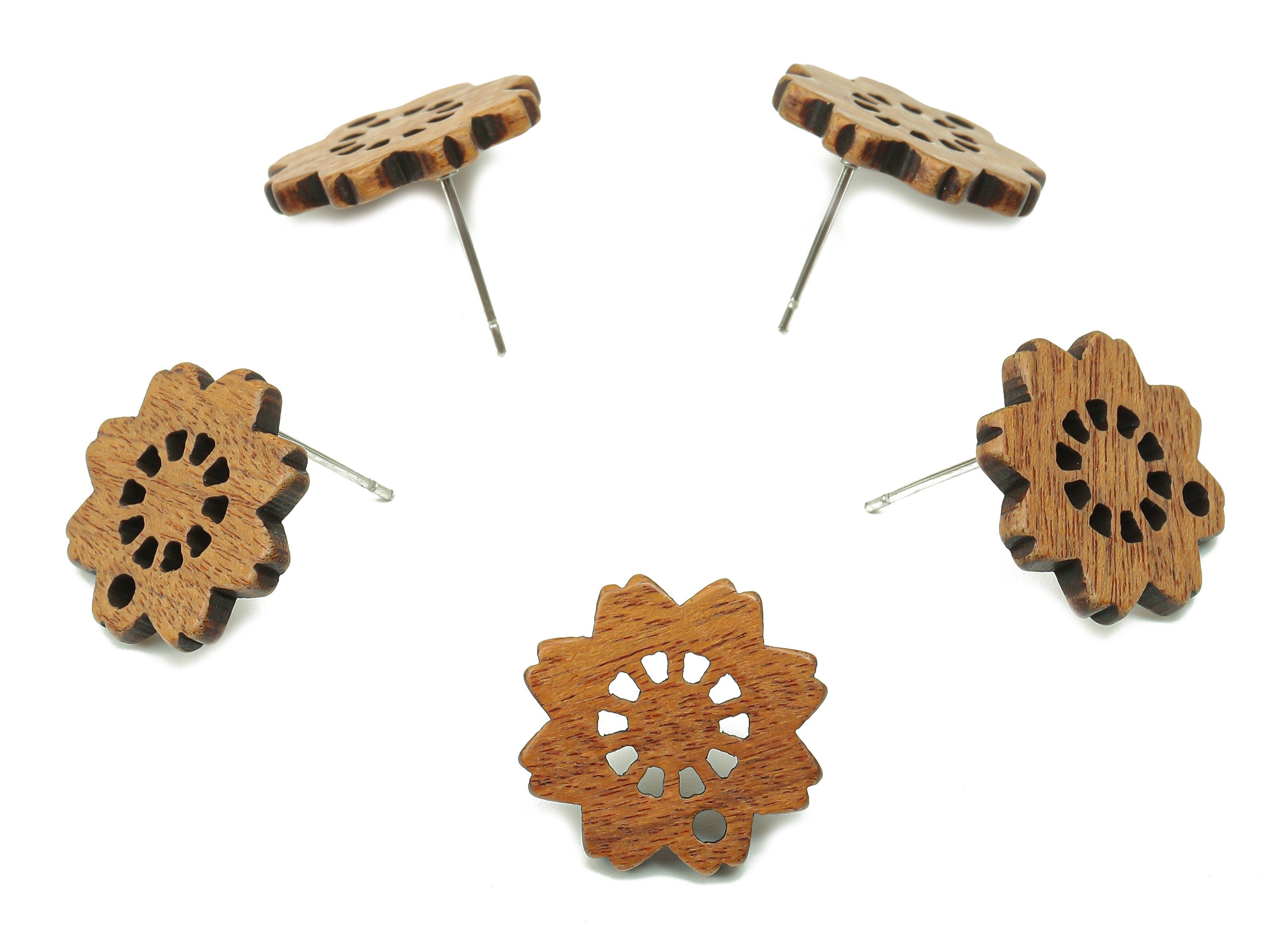 Natural Wooden Flower Earring Stud - Walnut Wood Flower Brown Earring Post - Stainless Steel Stud - 17.22x17.22x2.28mm - BB1270 - DOMEDBAZAAR