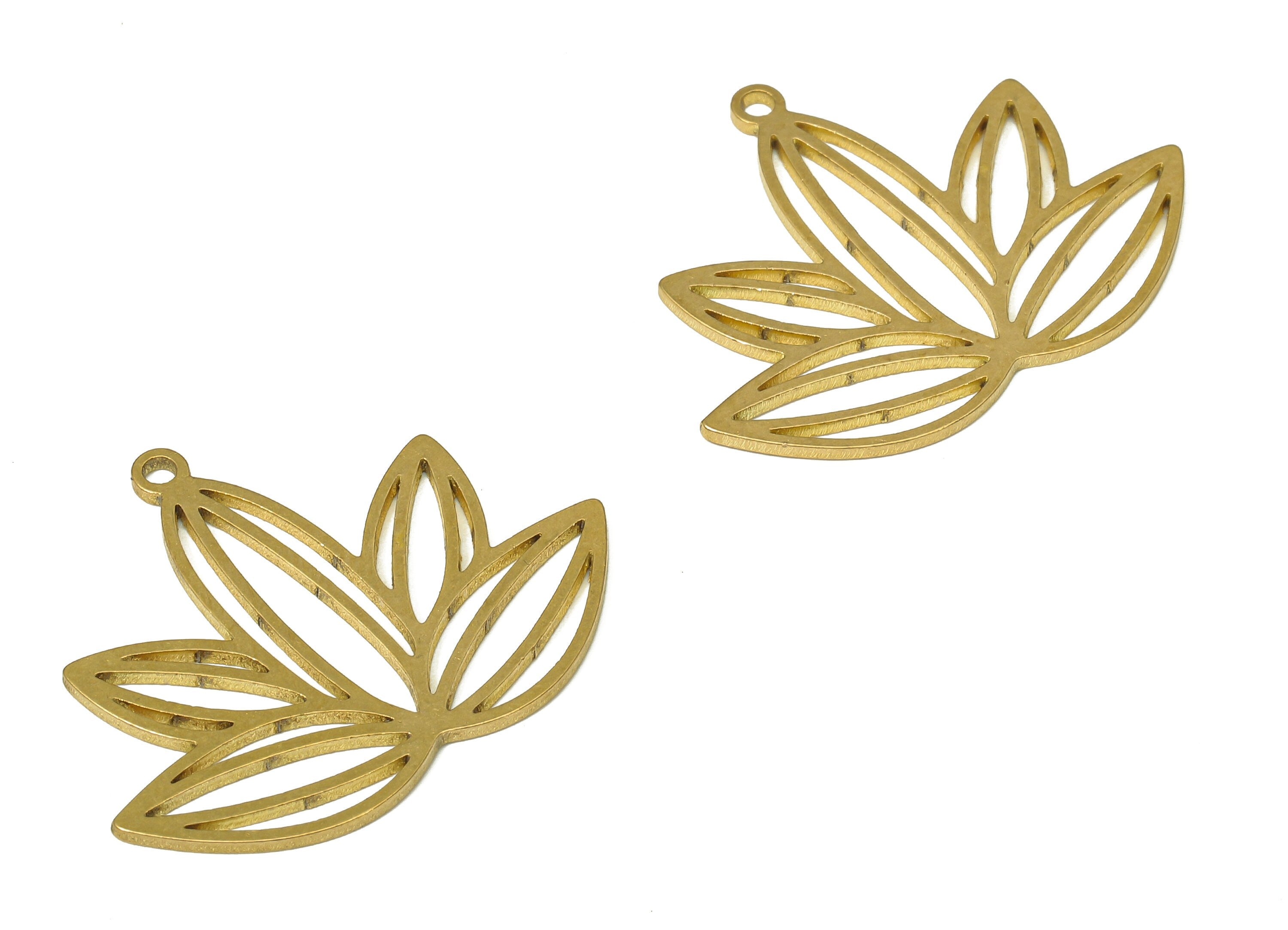 Brass Flower Earring Charms - Raw Brass Waterlily Cutout Pendant With Loop - For Necklace - Lotus Earring - 29.34x23.75x0.86mm - PPA4912 - DOMEDBAZAAR