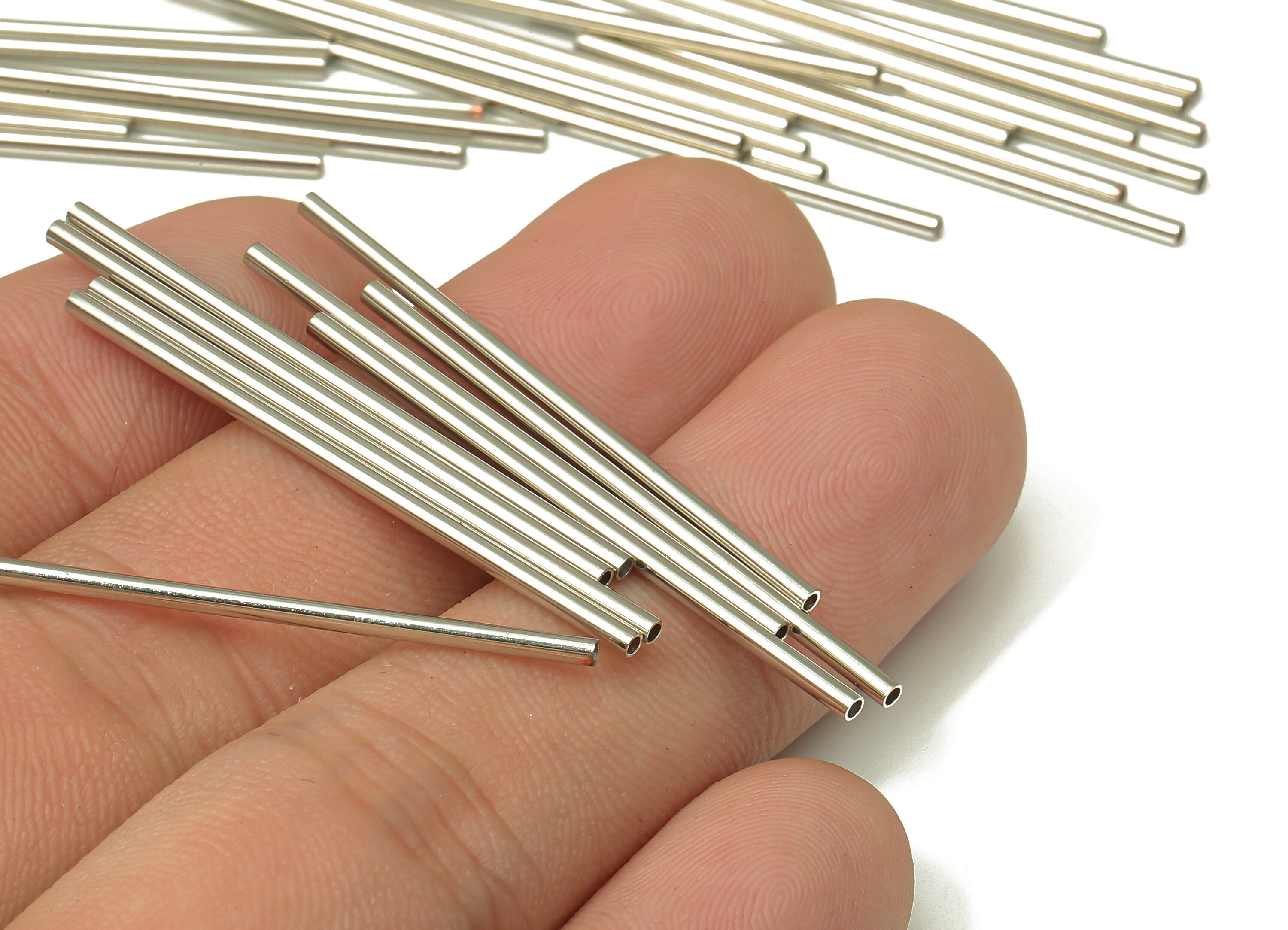 Silver Tone Himmeli Tubes - Brass Round Himmeli DIY Tube Beads - Circle Pipes for Geometric - For Air Plants - 1.5x0.2x40mm - PP4567S-40 - DOMEDBAZAAR