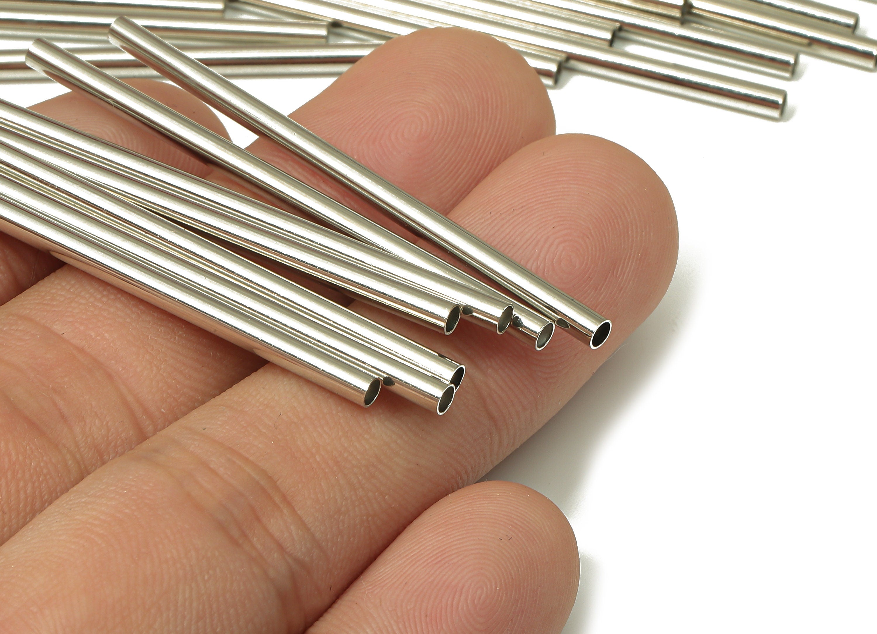 Silver Tone Himmeli Tubes - Brass Round Himmeli DIY Tube Beads - Circle Pipes for Geometric - For Air Plants - 2.5x0.2x50mm - PP4569S-50 - DOMEDBAZAAR