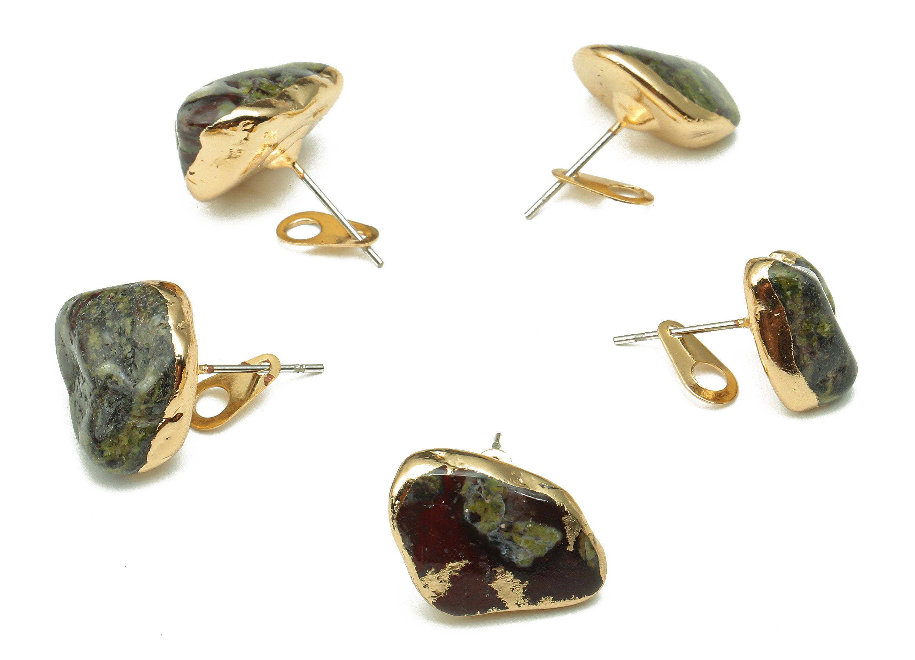 Dragon Blood Jasper Earring - Natural Stone Earring Post - Gold Tone Plated Brass - Stone Earring Stud - 14.22x13.46x8.27mm - NS1866A - DOMEDBAZAAR