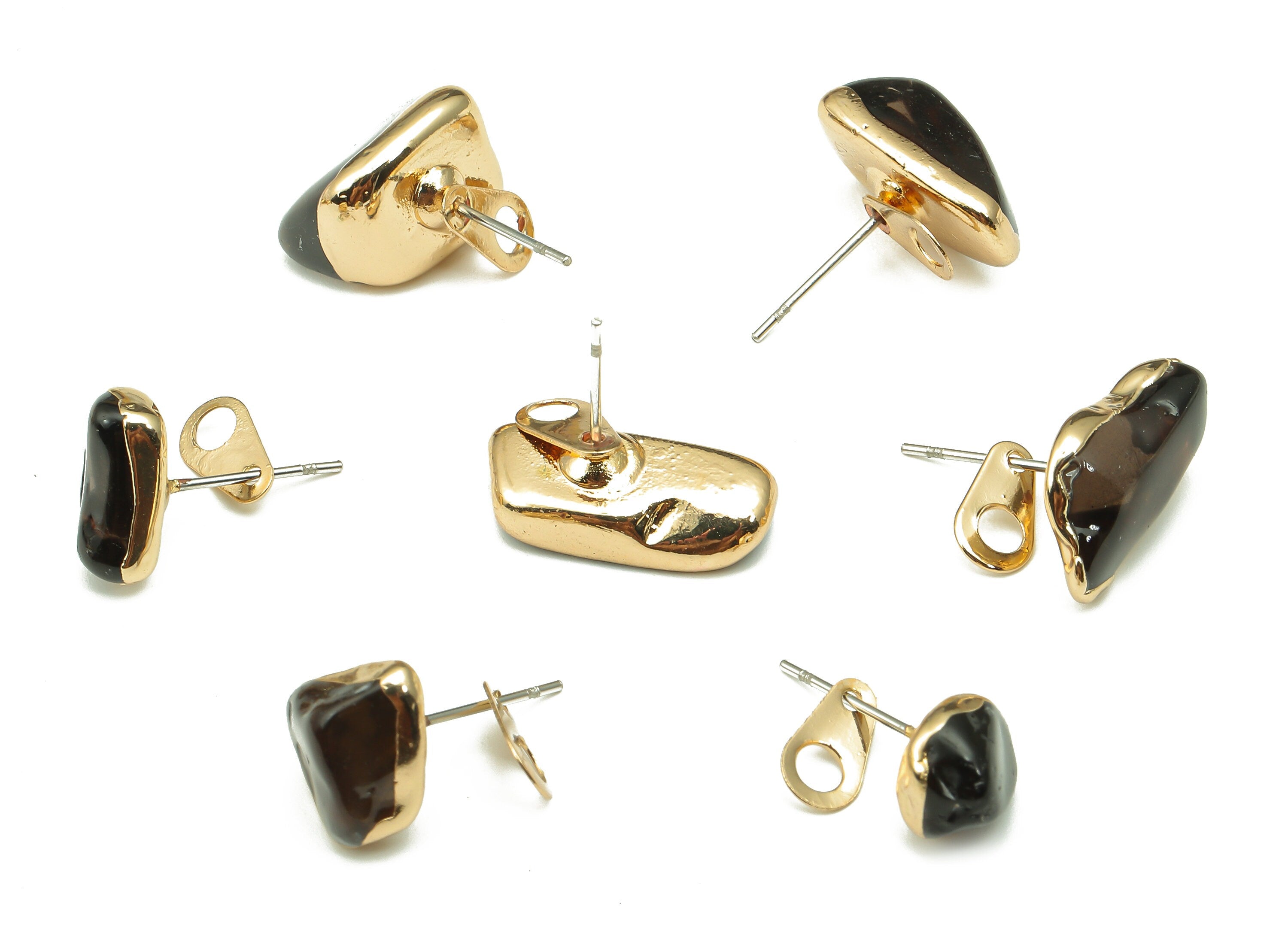 Smoky Quartz Earring Stud - Natural Stone Earring Post - Gold Tone Plated Brass - Quartz Earring - 15.73x8.51x6.08mm - NS1866B - DOMEDBAZAAR