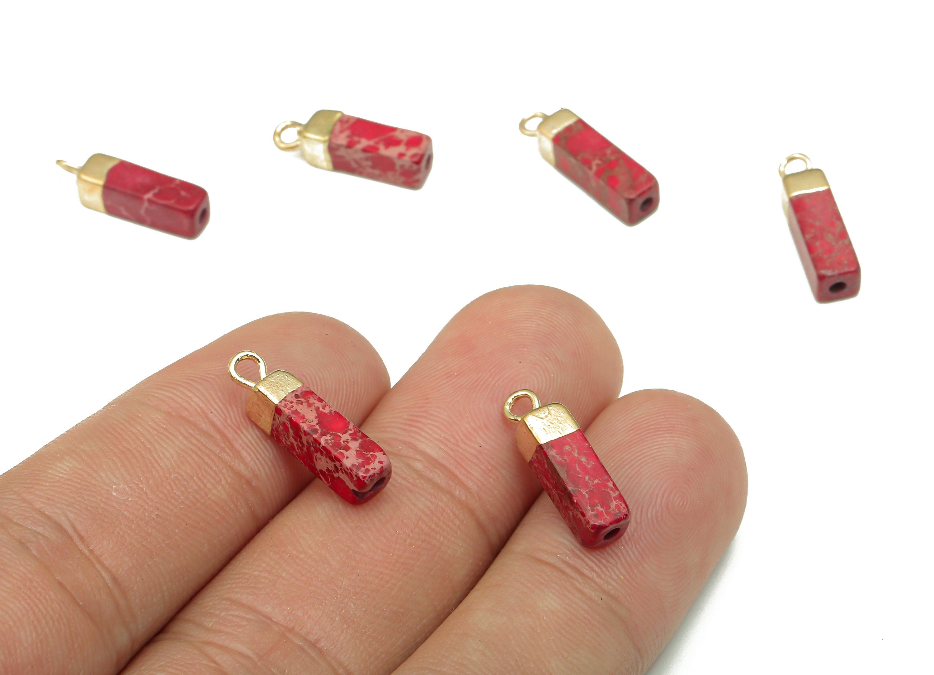 Imperial Pine Earring Charms - Iron Red Rectangle Pendant - Natural Stone Earring - Gold Tone Plated Brass - 16.98x4.57x4.57mm - NS1867B - DOMEDBAZAAR