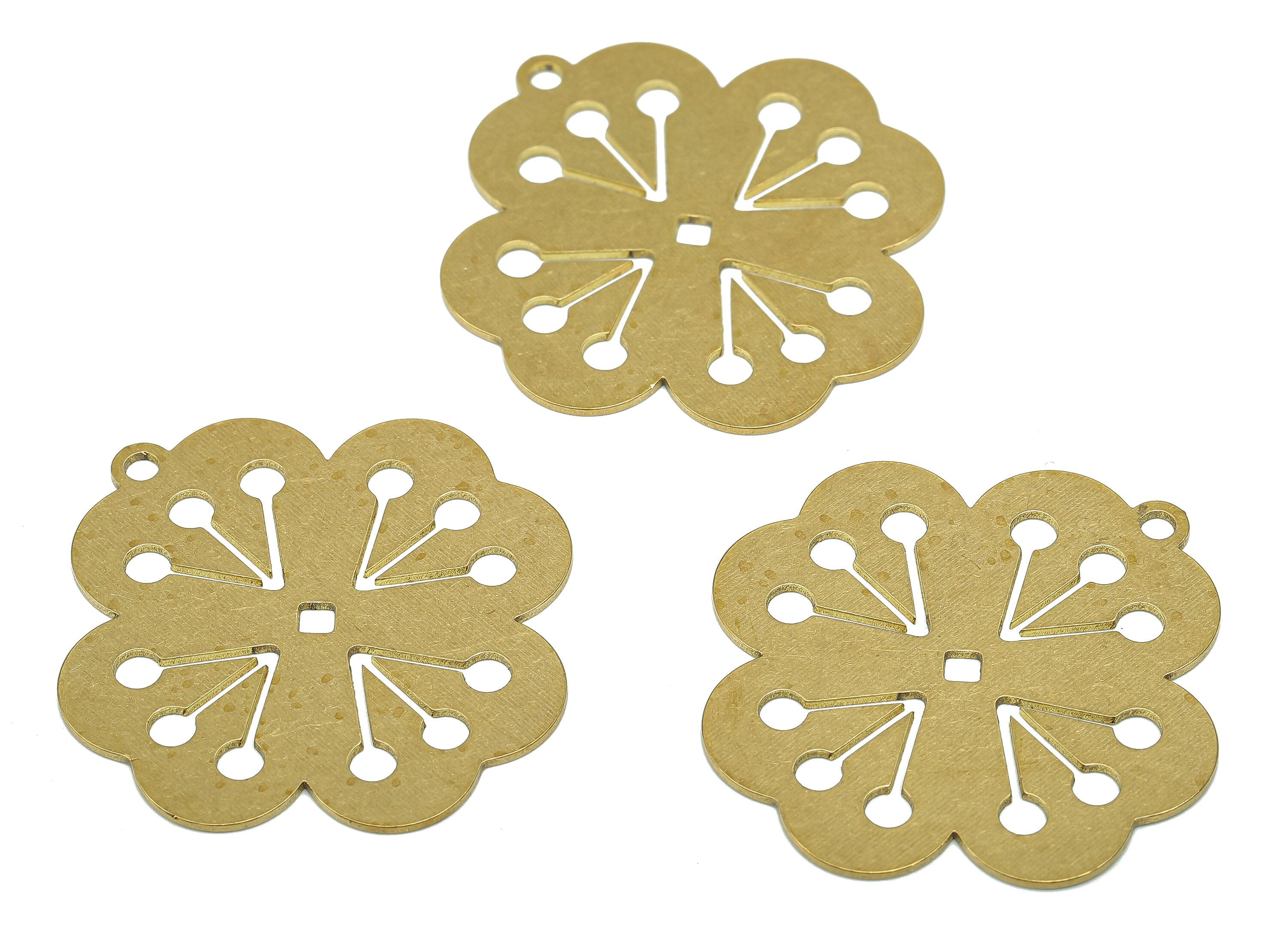 Brass Flower Earring Charms - Raw Brass Cutout Earring - Botanicol Pendant With Loop - Nervure Rib For Necklace - 35.1x32.7x0.7mm - PPA5464 - DOMEDBAZAAR